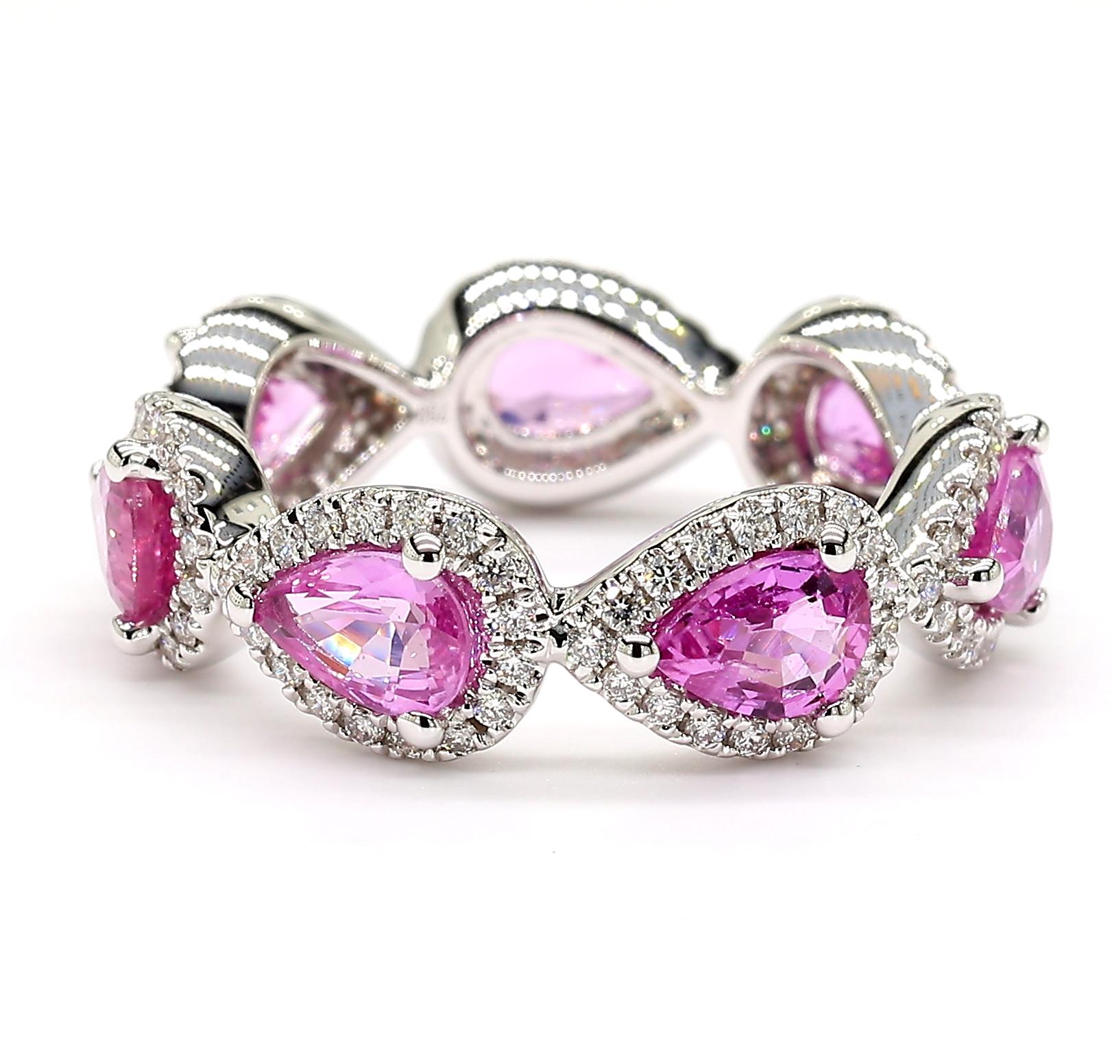 Women's 4.16 Carats Total Pink Sapphire Eternity Ring With Diamond Halo 18K White Gold For Sale