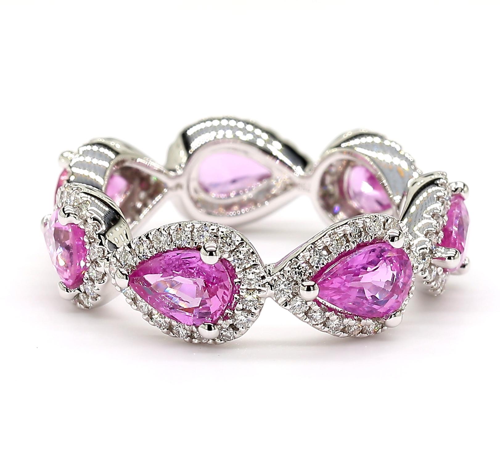 4.16 Carats Total Pink Sapphire Eternity Ring With Diamond Halo 18K White Gold For Sale 1