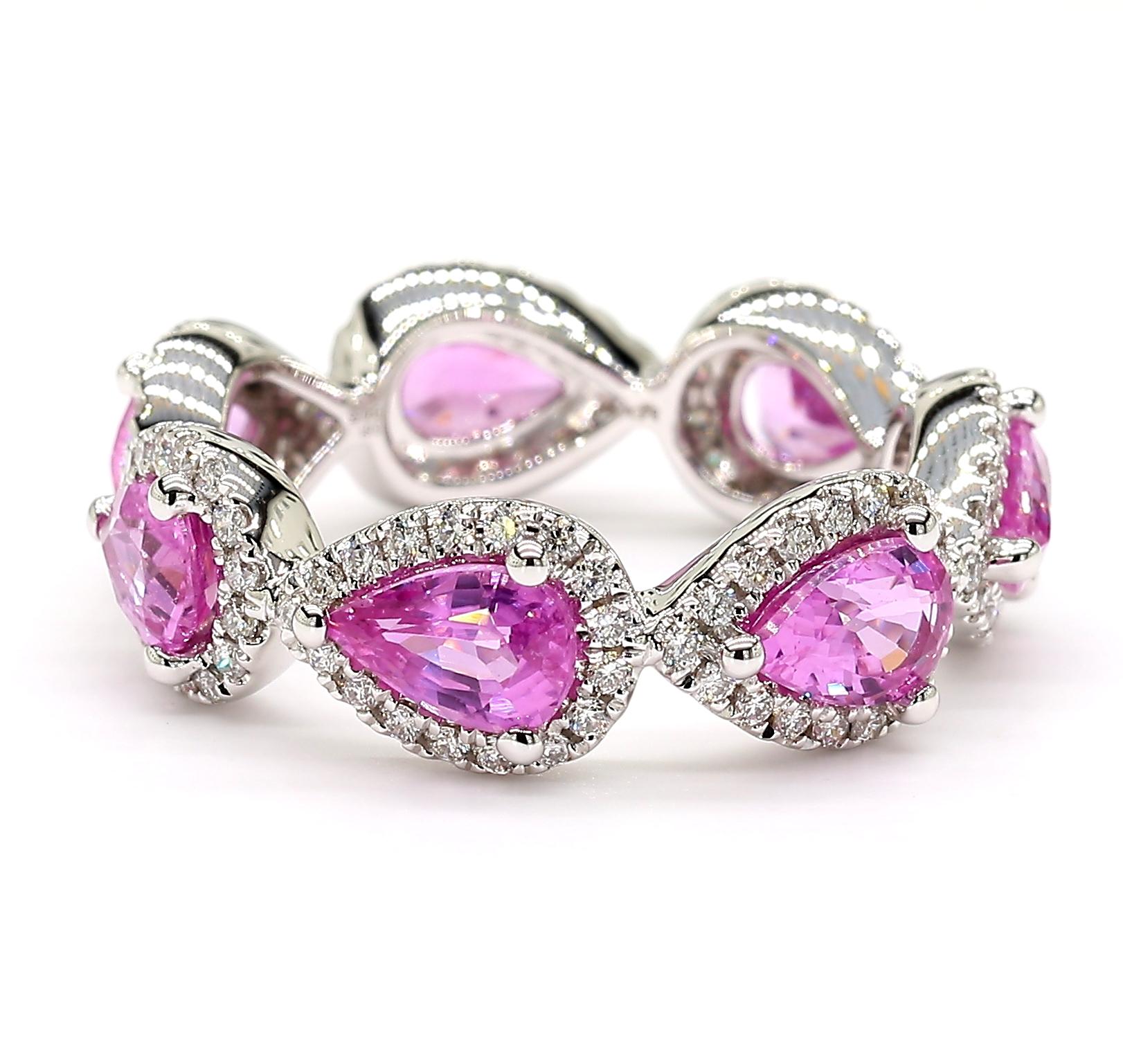 4.16 Carats Total Pink Sapphire Eternity Ring With Diamond Halo 18K White Gold For Sale 2