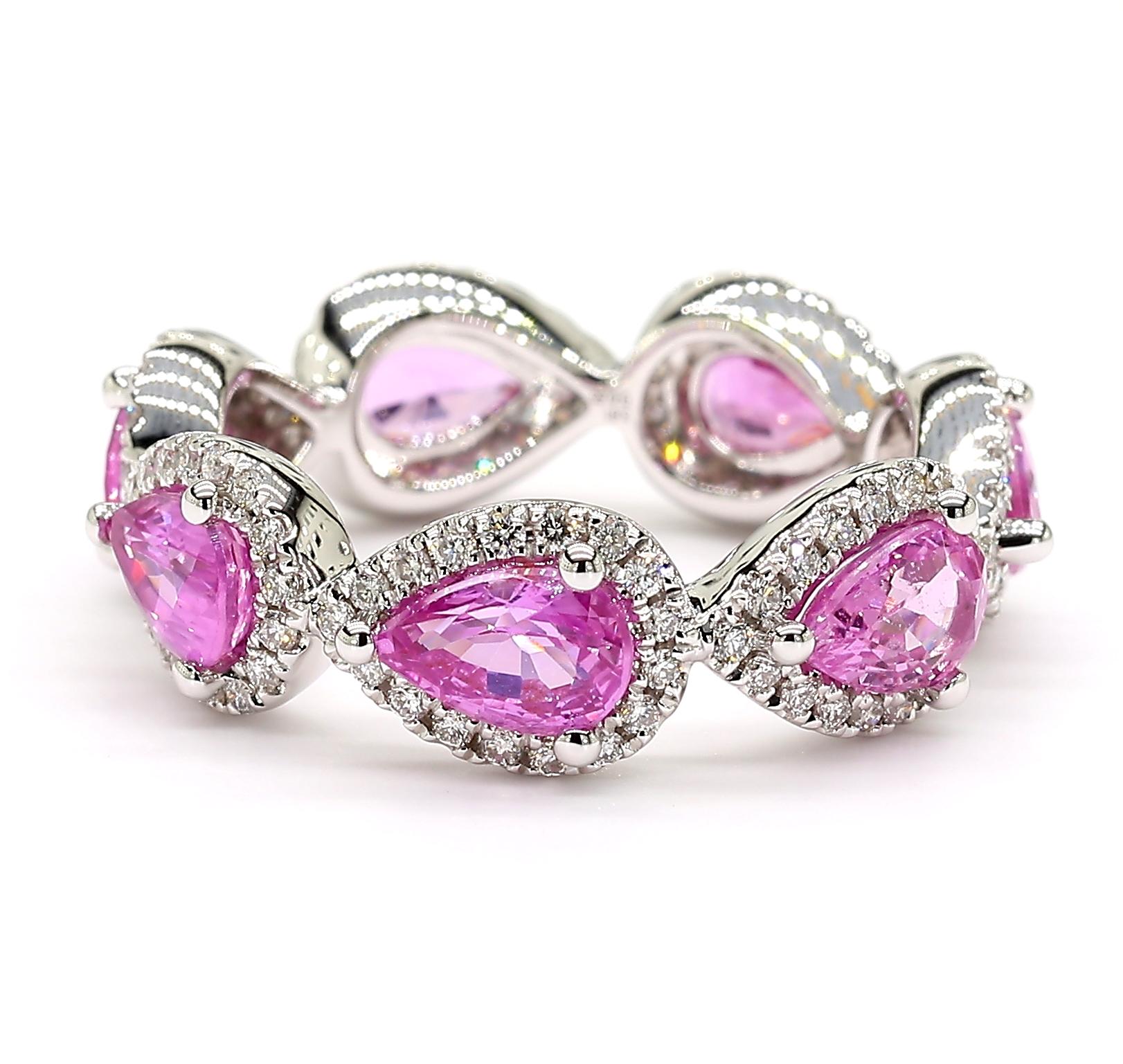 4.16 Carats Total Pink Sapphire Eternity Ring With Diamond Halo 18K White Gold For Sale 3