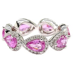 4.16 Quilates Total Zafiro Rosa Anillo Eternidad Con Halo De Diamantes Oro Blanco 18K