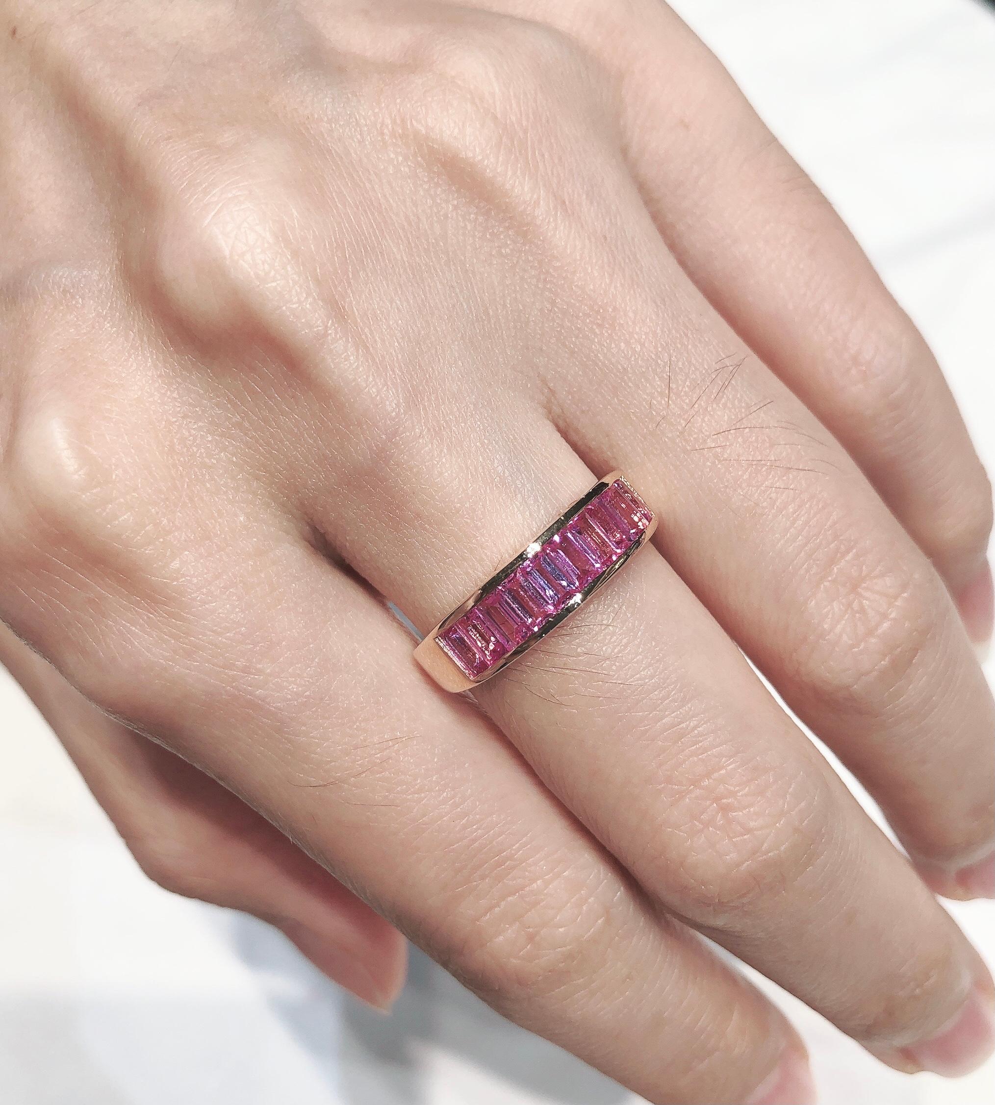 Baguette Cut Pink Sapphire Ring Set in 18 Karat Rose Gold Settings For Sale