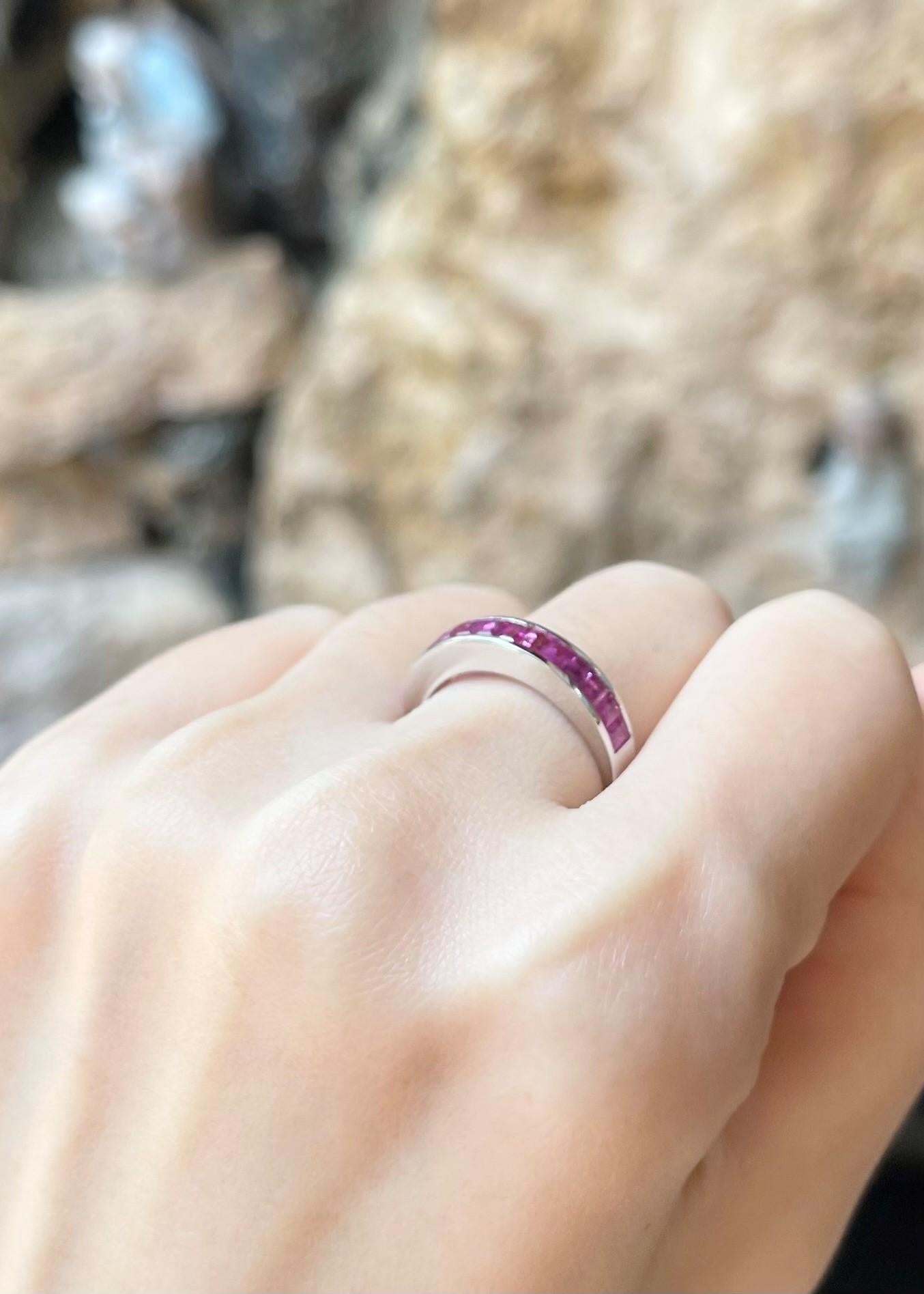 Baguette Cut Pink Sapphire Ring set in 18K White Gold Settings For Sale