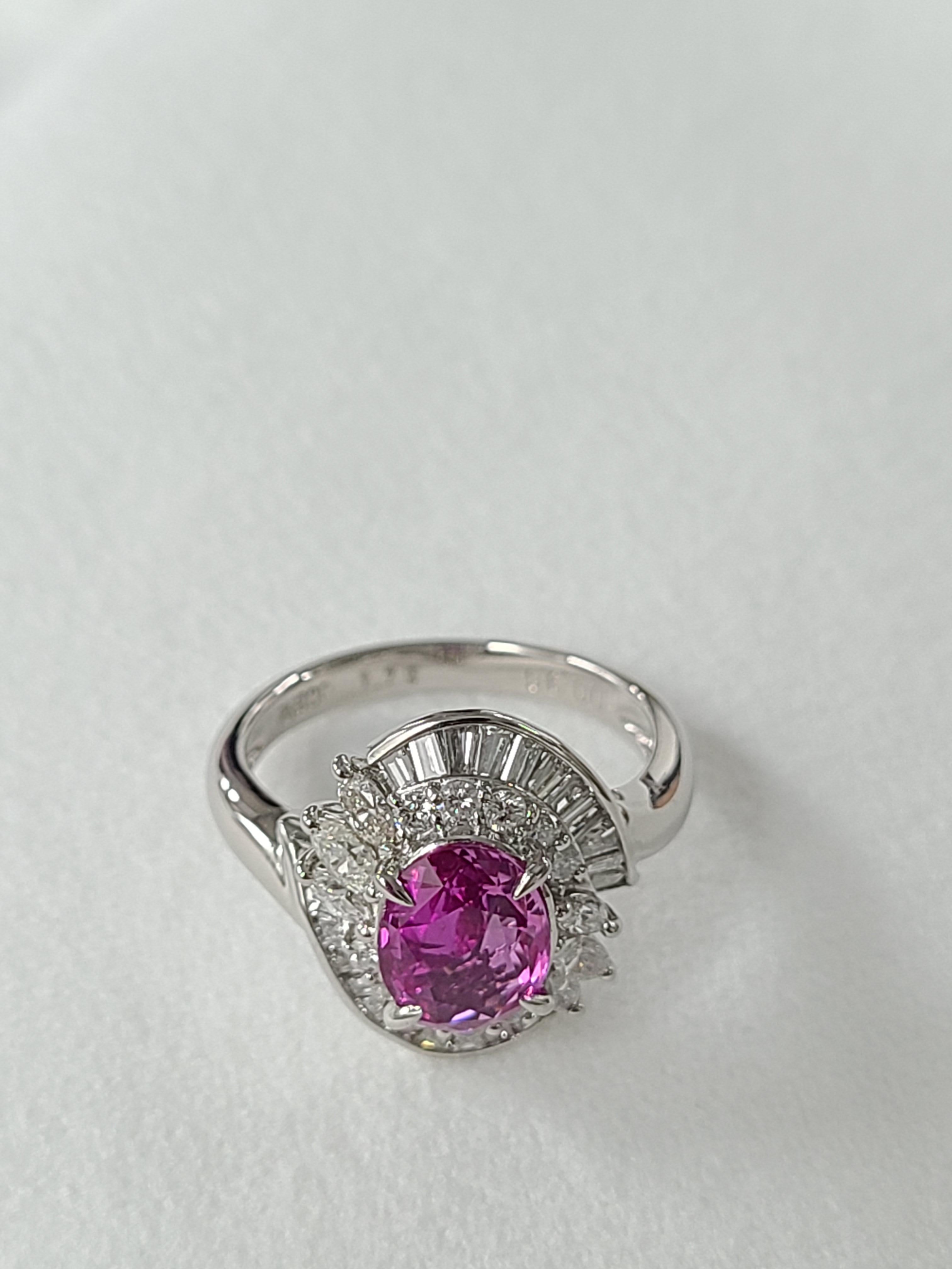 Oval Cut Pink Sapphire Ring Set in Platinum PT900 with Diamonds