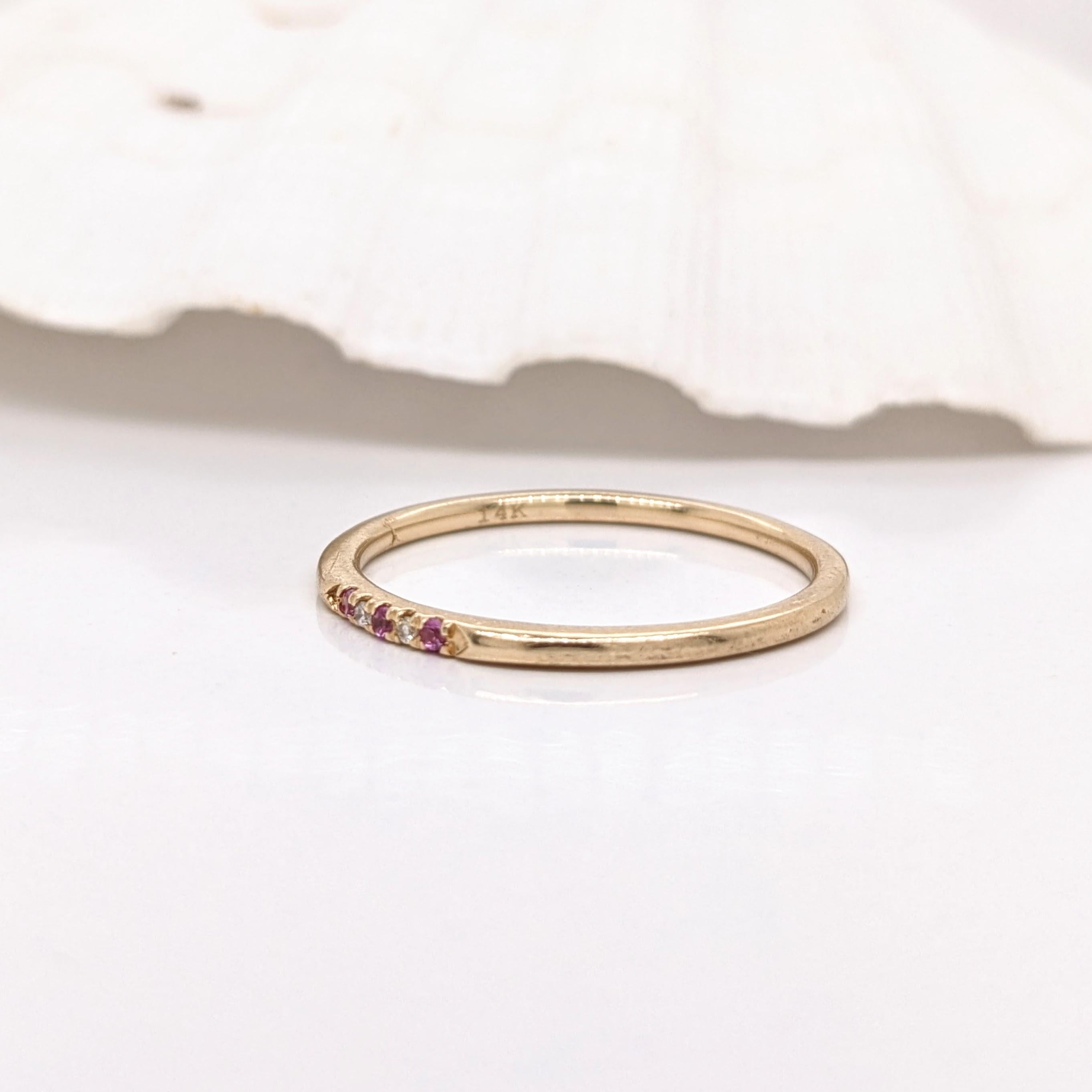 This beautiful sleek ring features three round pink sapphire gemstones with natural earth mined diamonds, all set in solid 14K gold. This ring can be a lovely September birthstone gift for your loved ones! 

Specifications

Item Type: Ring
Center