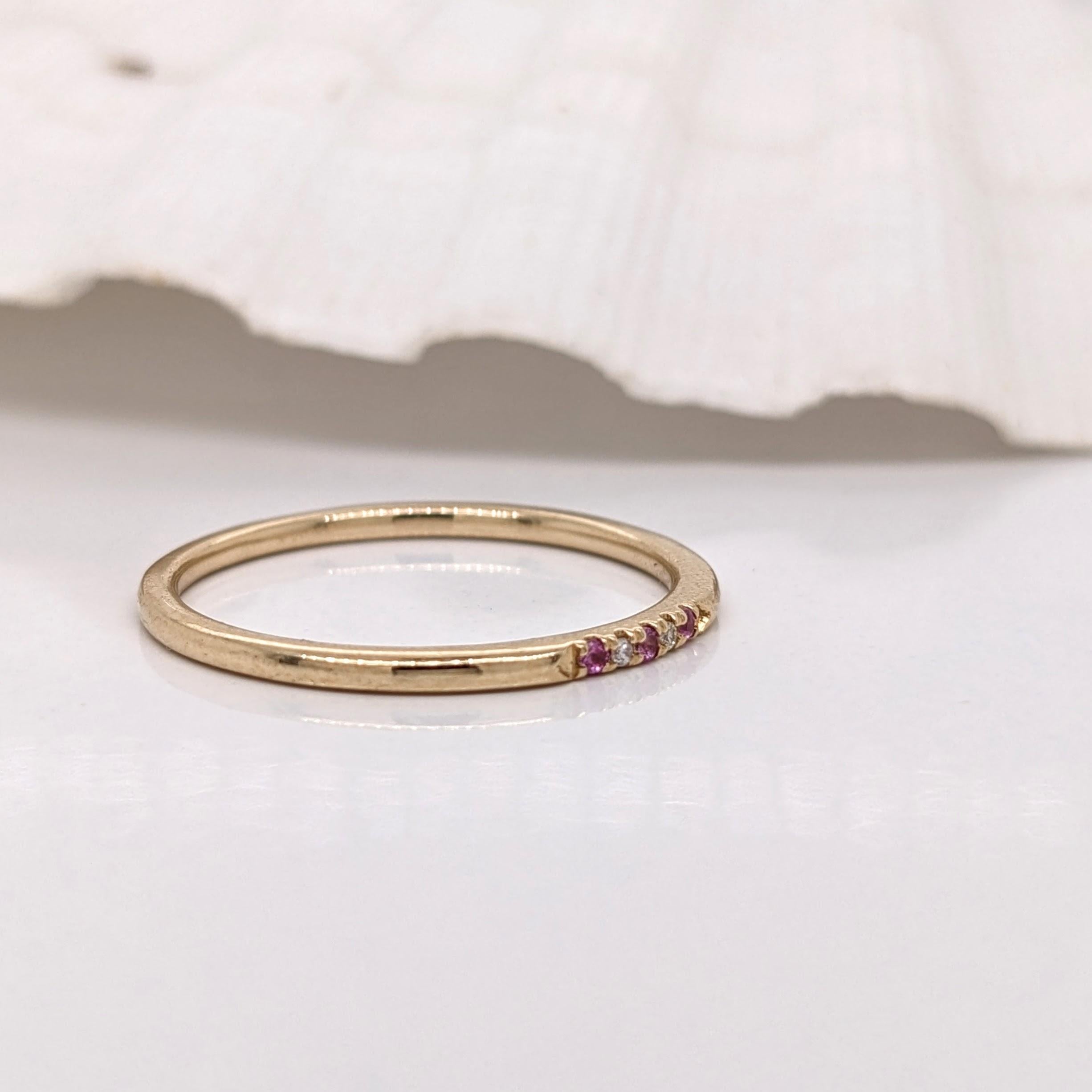 Round Cut Pink Sapphire Ring w Earth Mined Diamonds in Solid 14K Yellow Gold