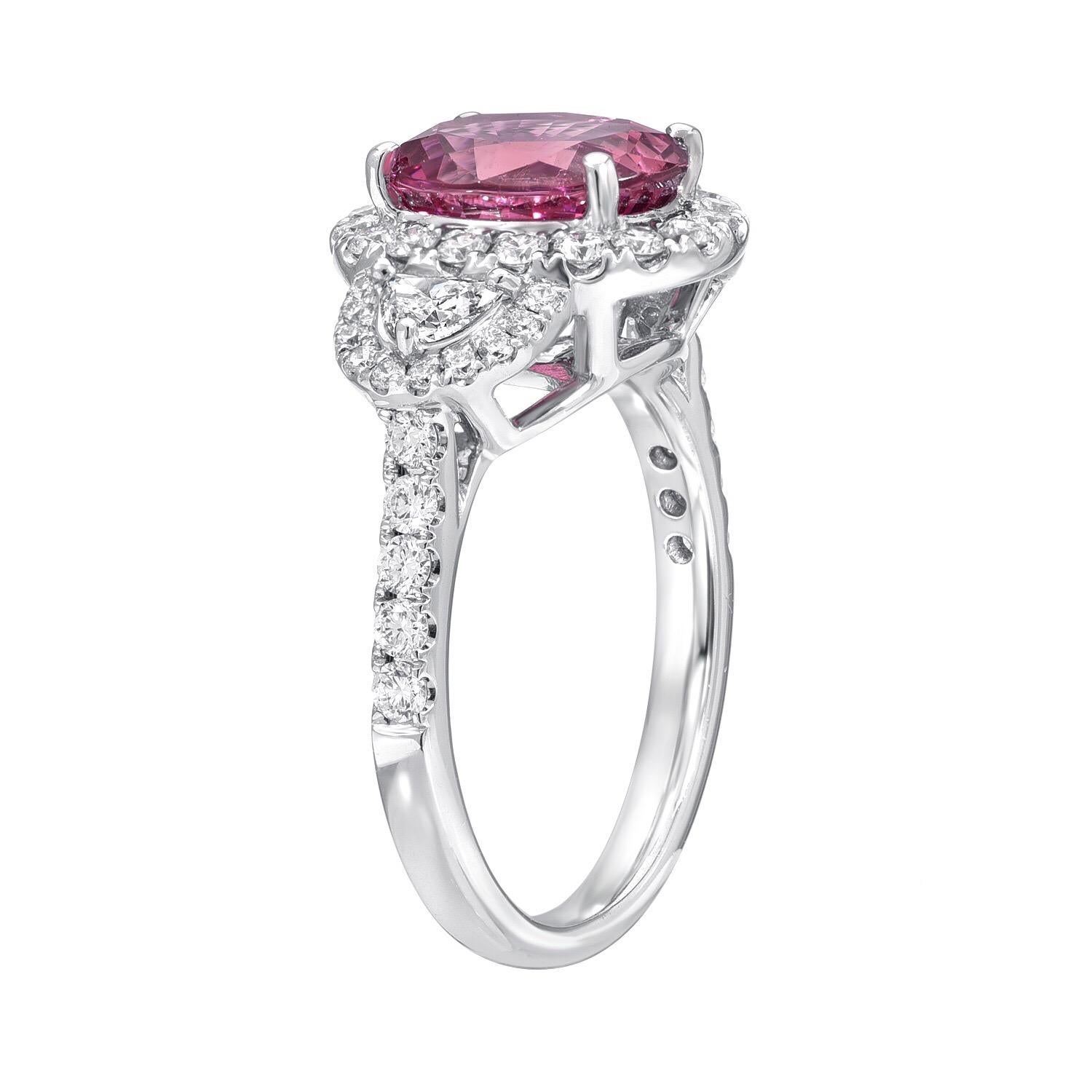 Pink Sapphire ring featuring a vibrant 3.14 carat oval Pink Sapphire, in a 18K white gold cocktail ring or engagement ring, adorned by a total of 0.89 carats of diamonds.
Size 6. Resizing is complementary upon request.
***Returns are accepted and