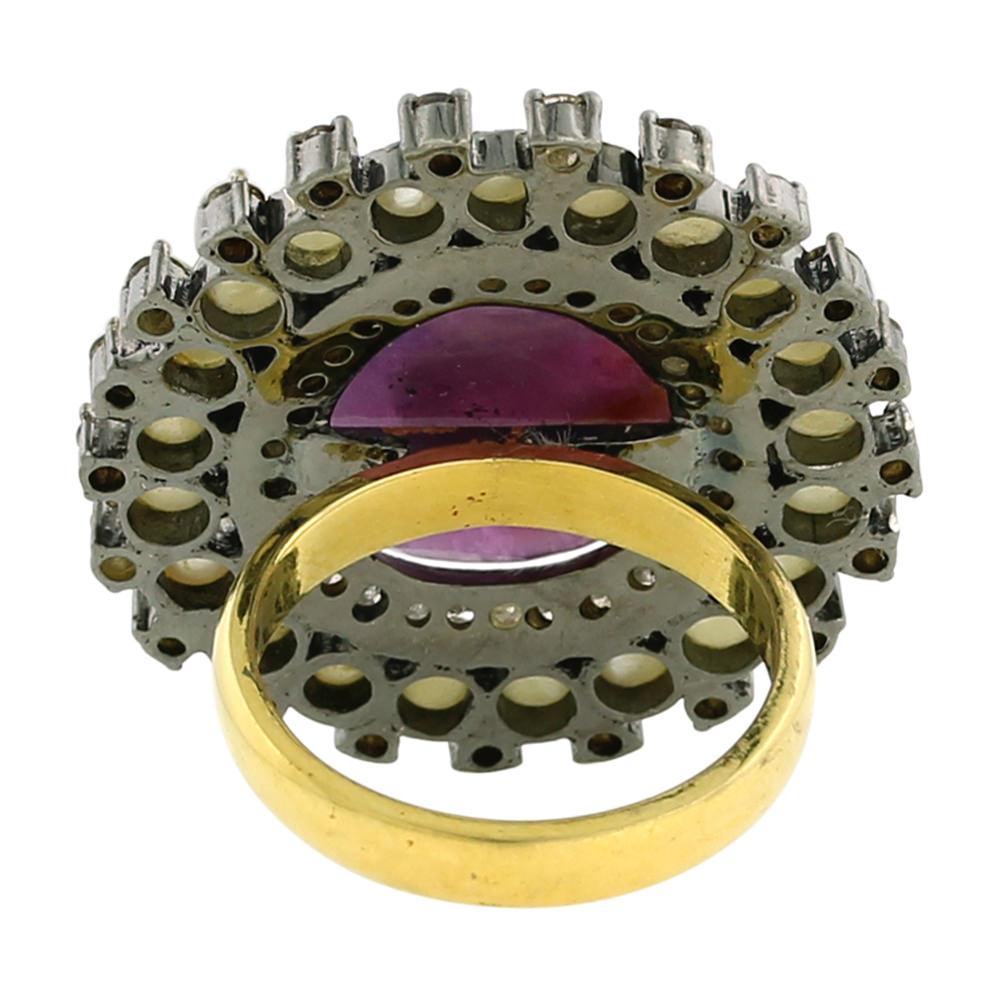 Contemporary Pink Sapphire Ring with Diamonds and Pearl in Gold and Silver For Sale