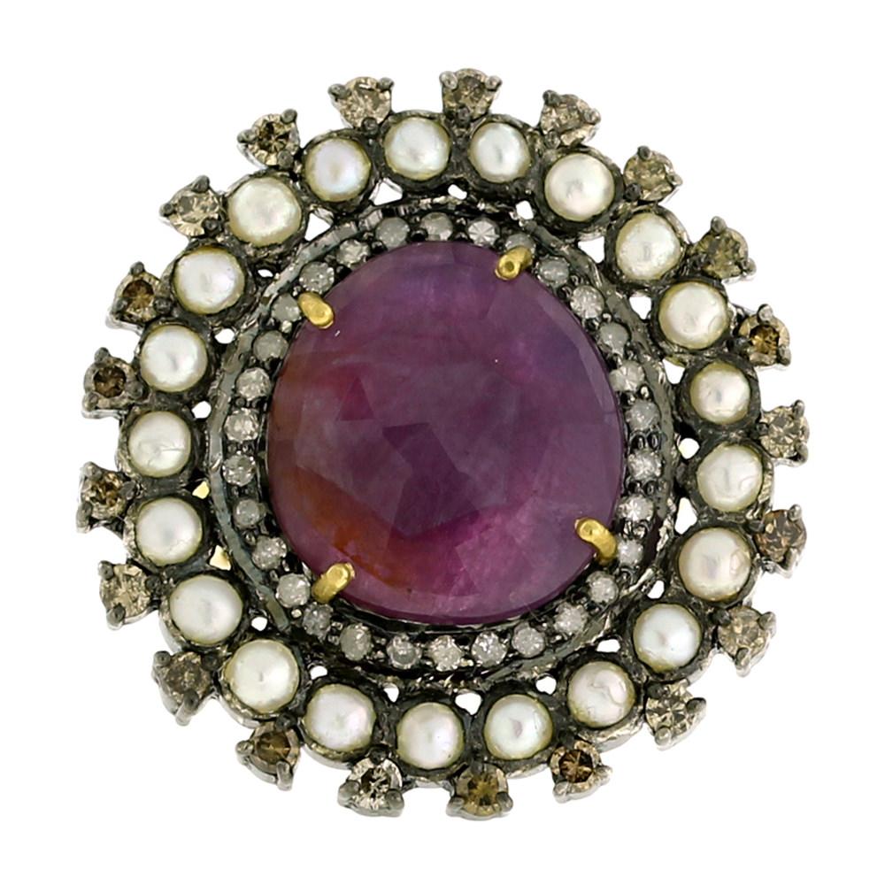 Mixed Cut Pink Sapphire Ring with Diamonds and Pearl in Gold and Silver For Sale