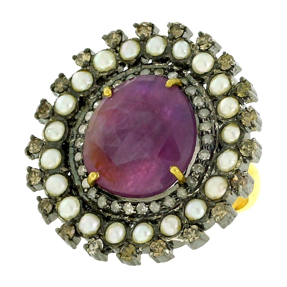 Pink Sapphire Ring with Diamonds and Pearl in Gold and Silver