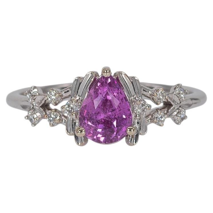 Ring mit rosa Saphir und Akzenten aus konventionell abgebauten Diamanten: Massives 14-karätiges Gold – Birnenform 7 x 5 mm