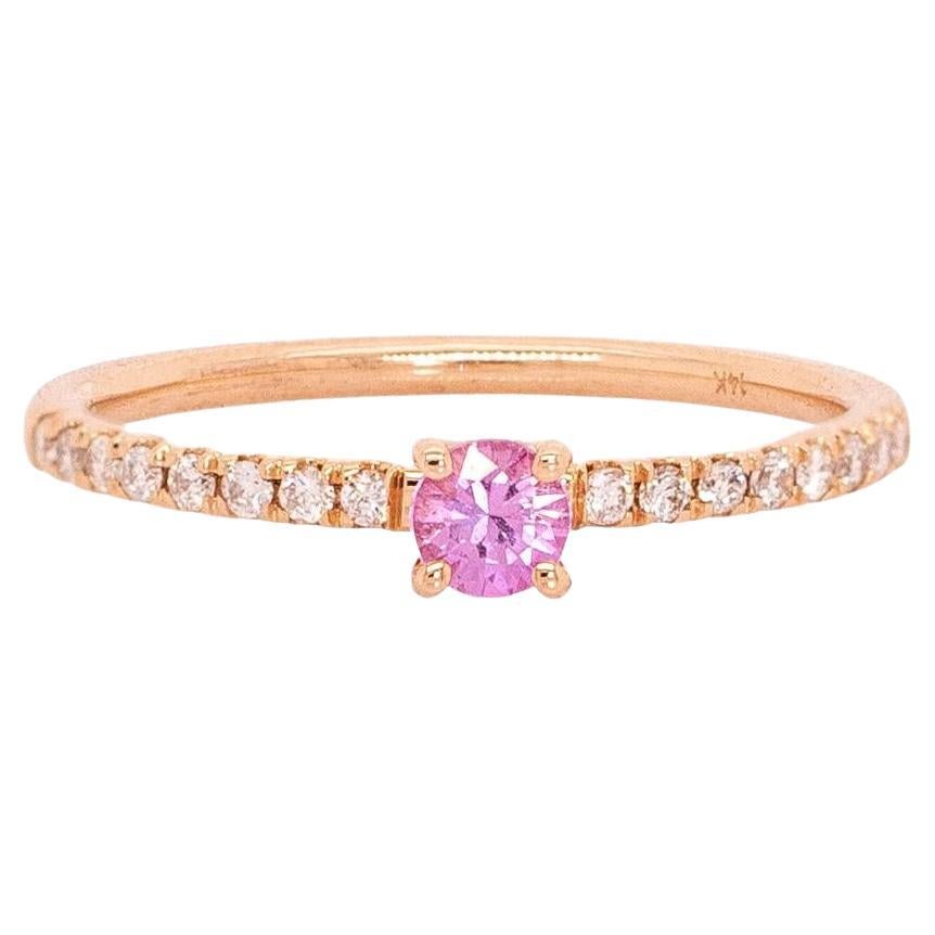 Bague en saphir rose avec accents de diamants naturels : Or massif 14k, rond 3.5mm