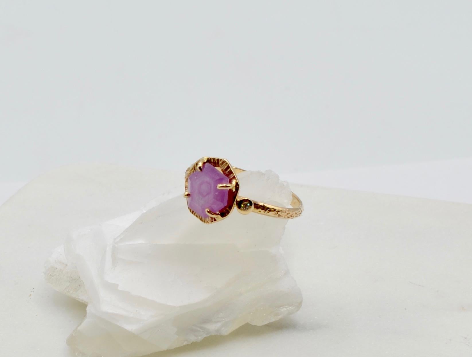 Pink Sapphire Rose Cut 2.6 Carat and Diamond Ring Set in 14 Karat Gold Ring For Sale 2