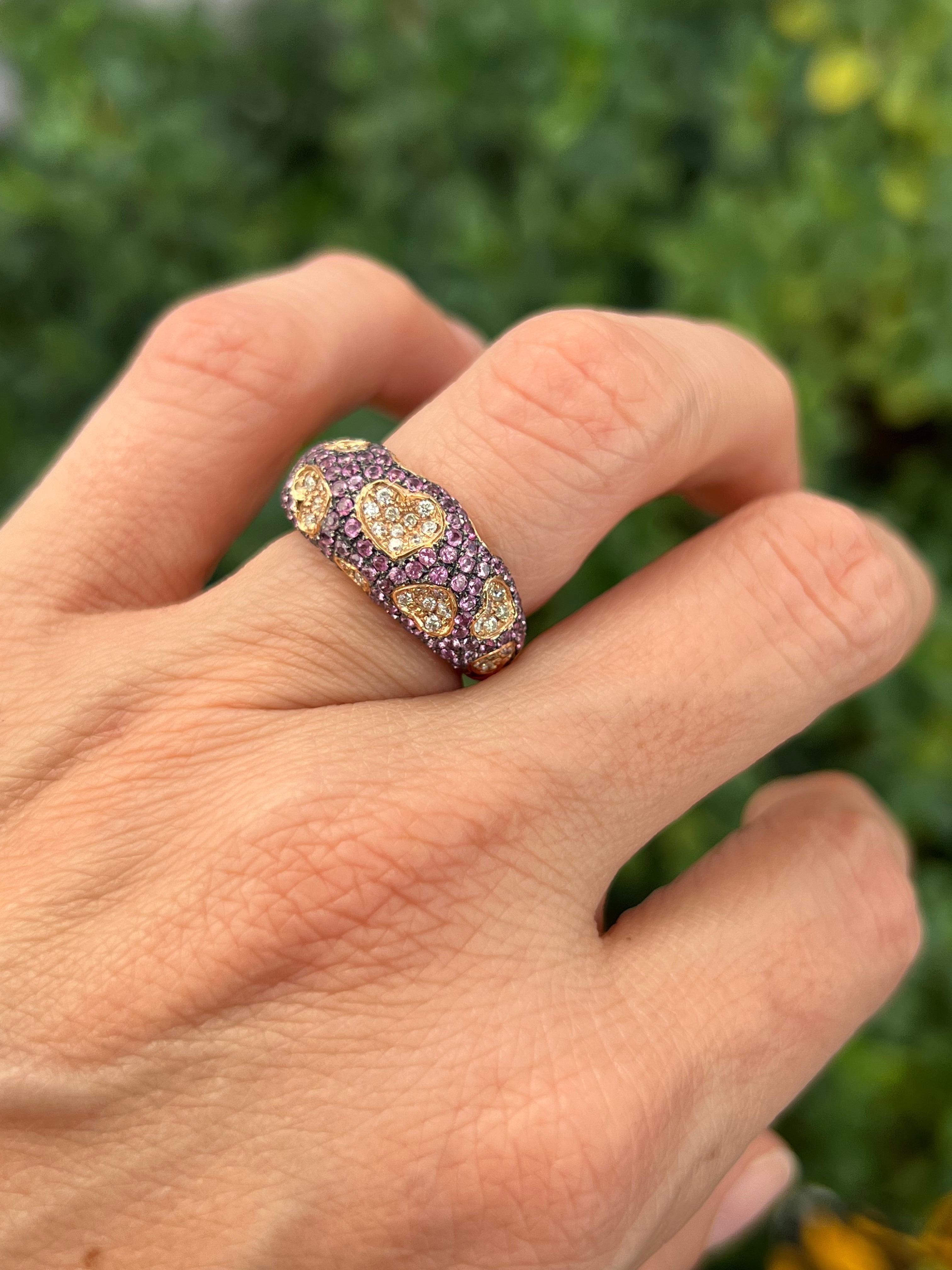 da uomo o donna Anello con cuore a cupola in oro rosa con zaffiro rosa in vendita
