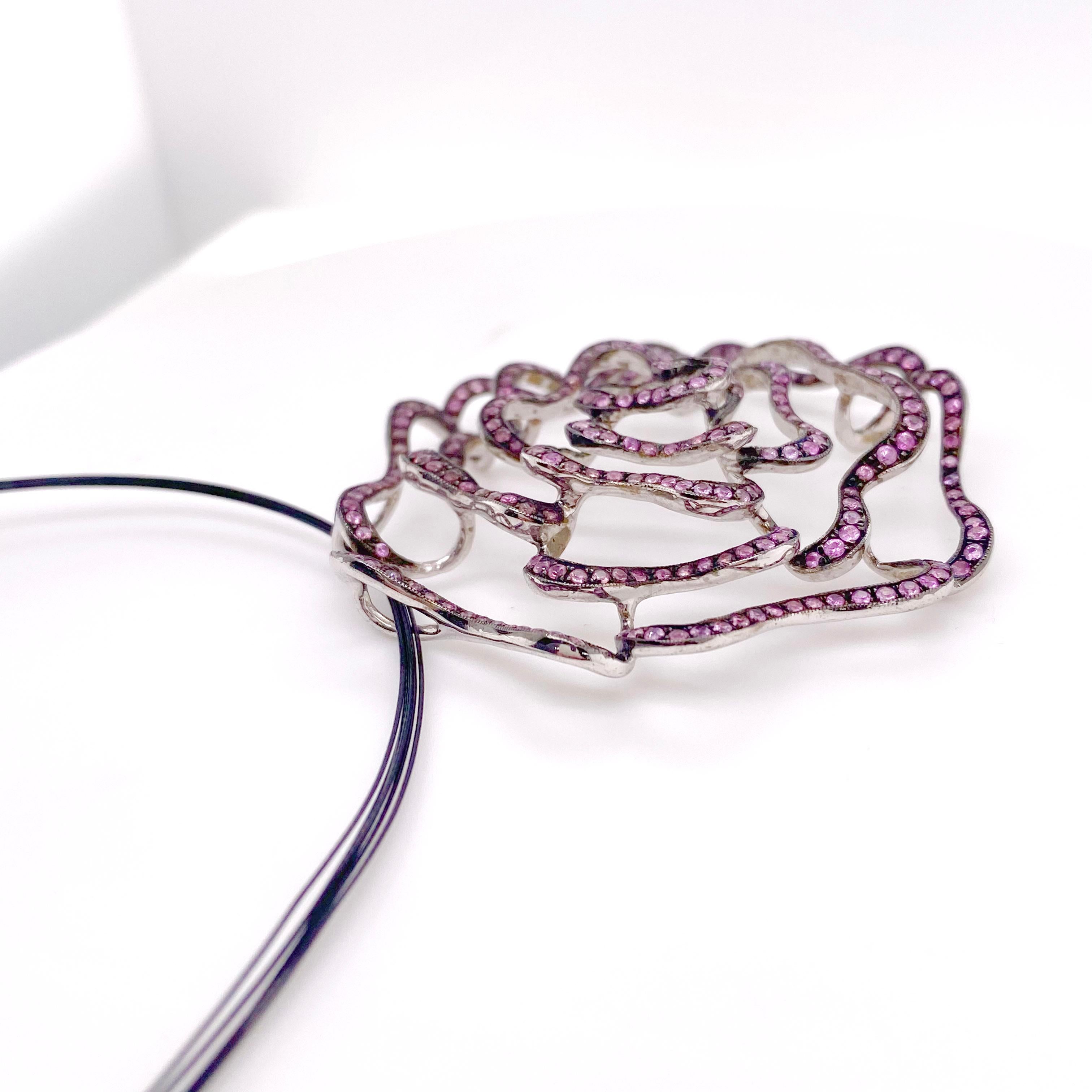This necklace adds a beautiful statement to your outfit. The pink Sapphires against the oxidized sterling silver makes for a very complimentary contrast. A piece of jewelry great for any season! The details for this beautiful necklace are listed