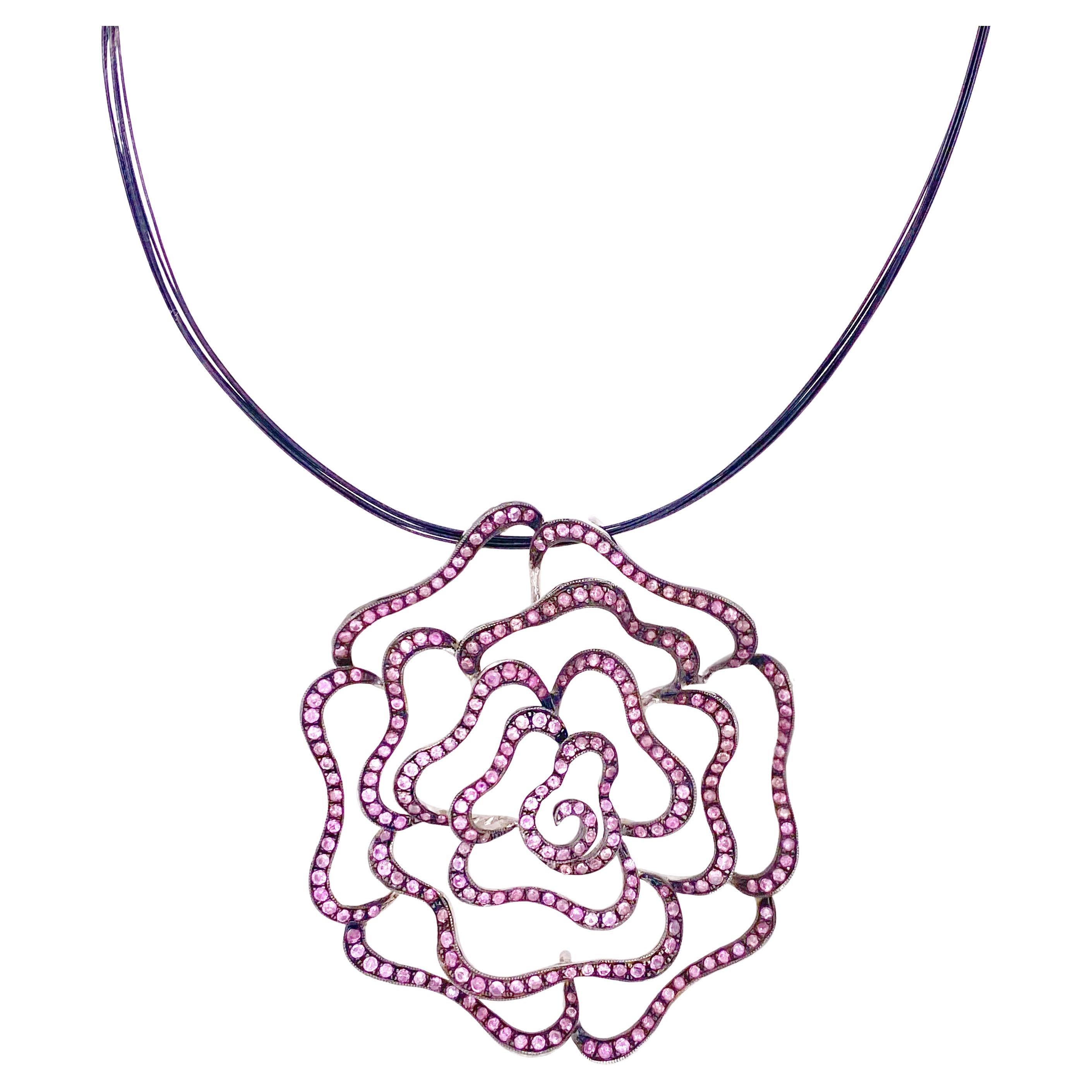 Pink Sapphire Rose Necklace Blackened w 275 Gemstones 4.13 Carats Pk Sapphires