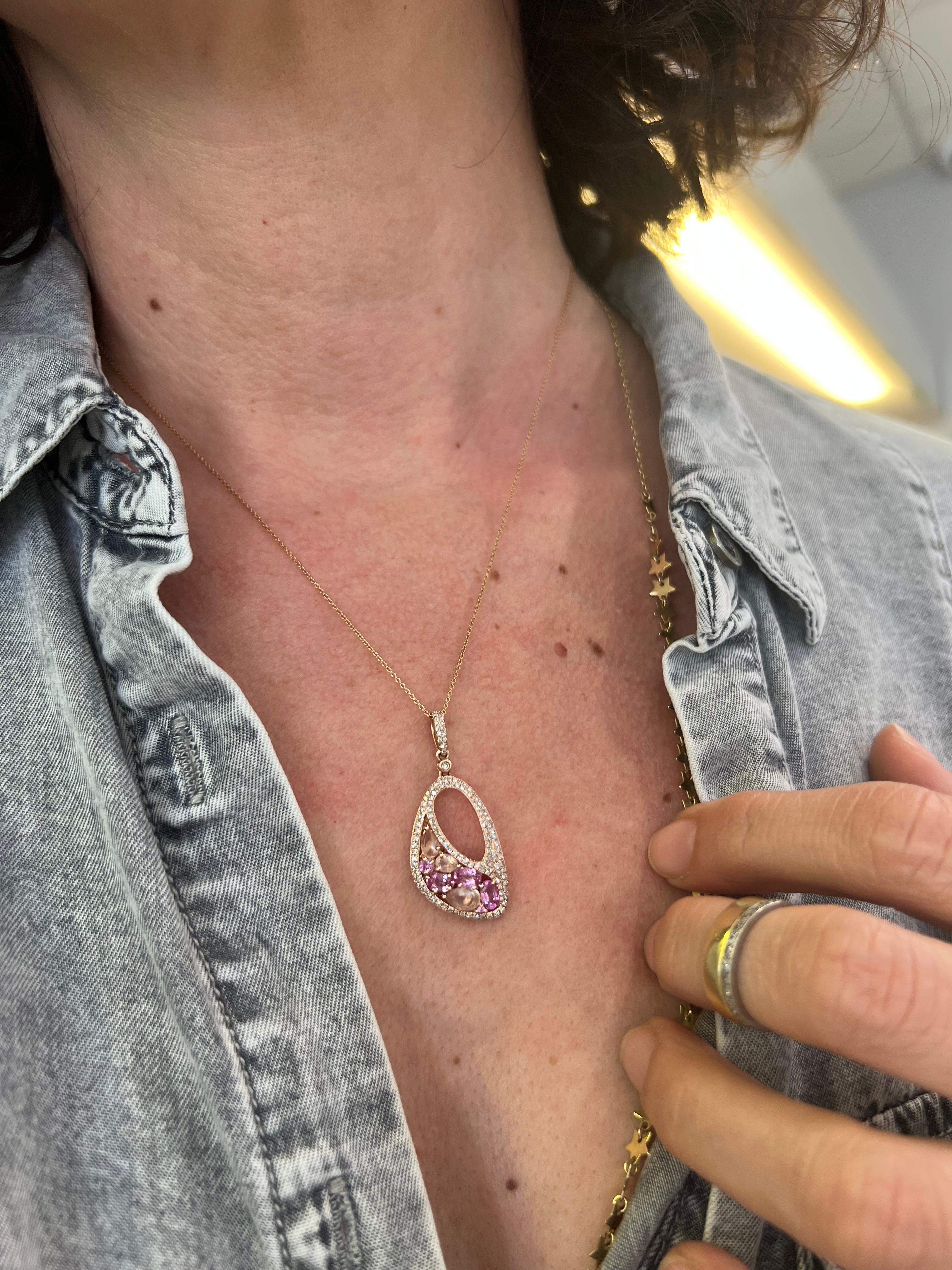 Modern Pink Sapphire, Rose Quartz and Diamond Pendant Necklace For Sale