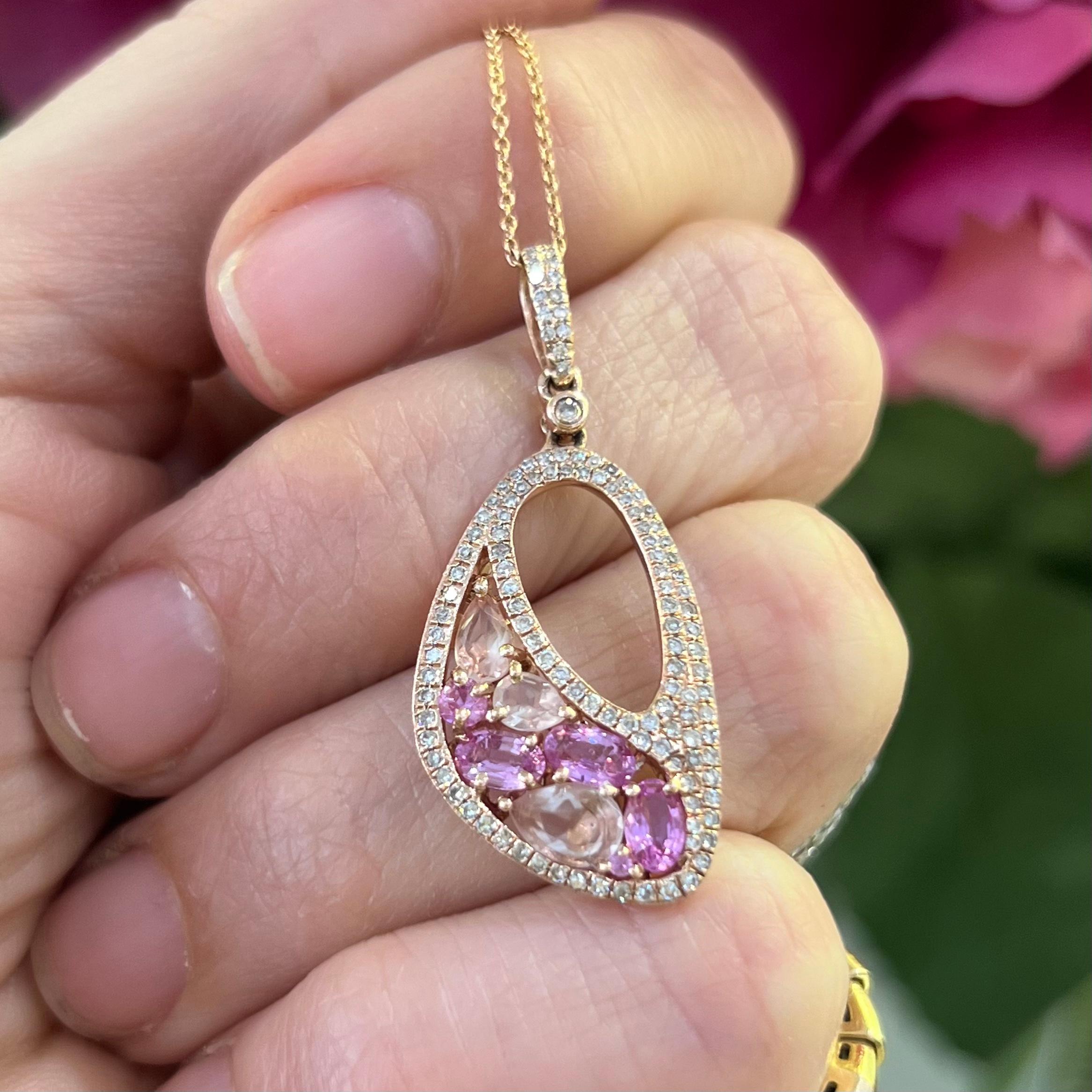 Pear Cut Pink Sapphire, Rose Quartz and Diamond Pendant Necklace For Sale