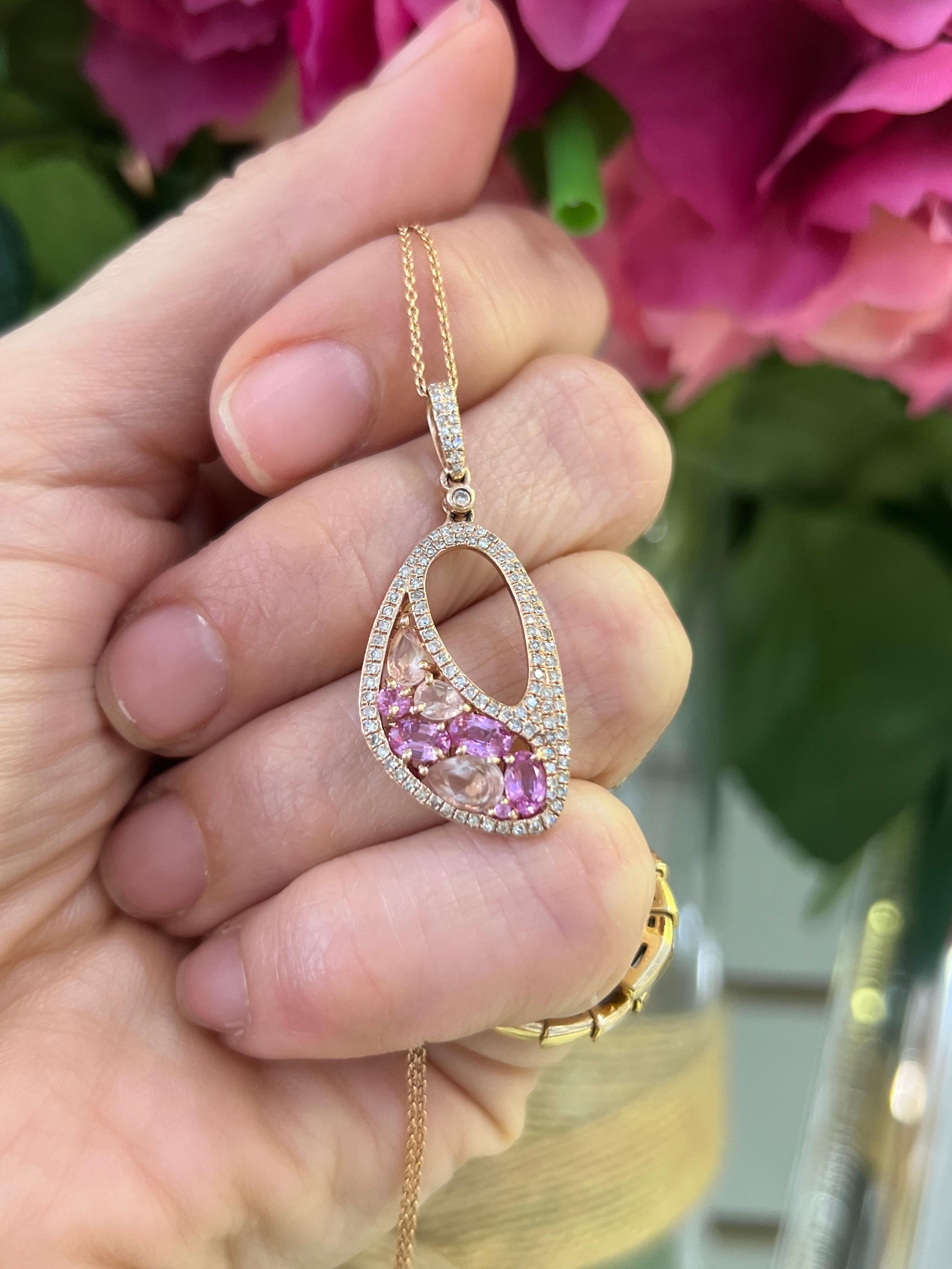 Pink Sapphire, Rose Quartz and Diamond Pendant Necklace In New Condition For Sale In Miami, FL