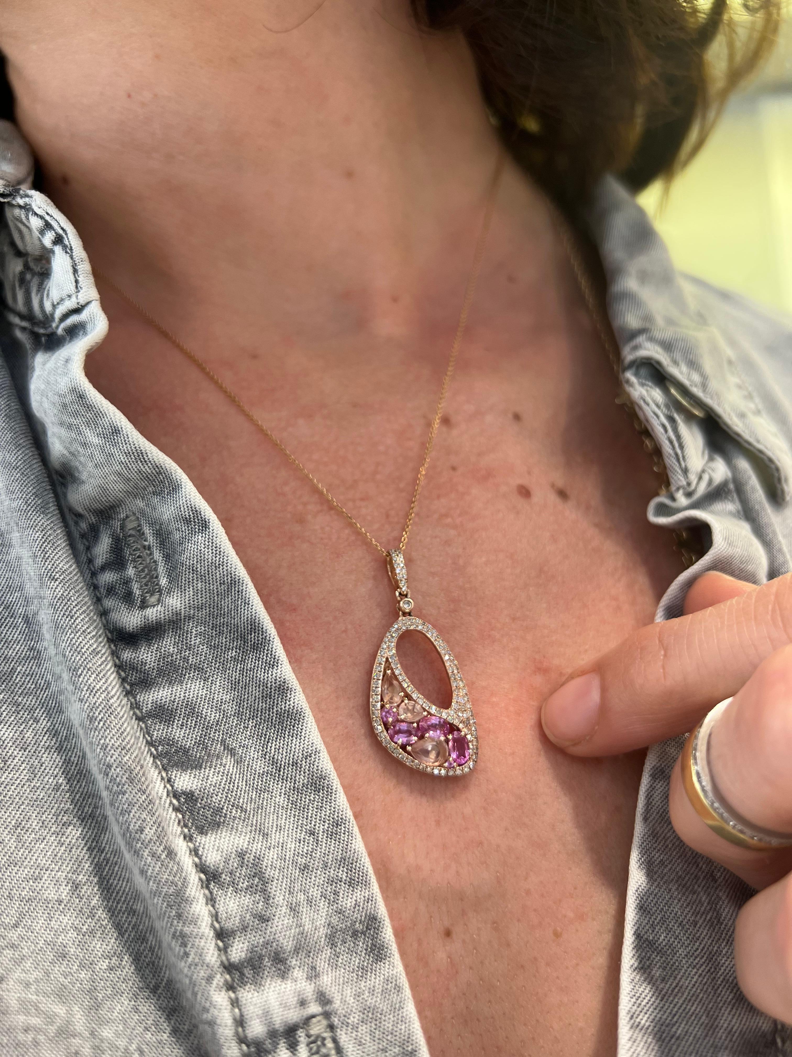 Women's or Men's Pink Sapphire, Rose Quartz and Diamond Pendant Necklace For Sale
