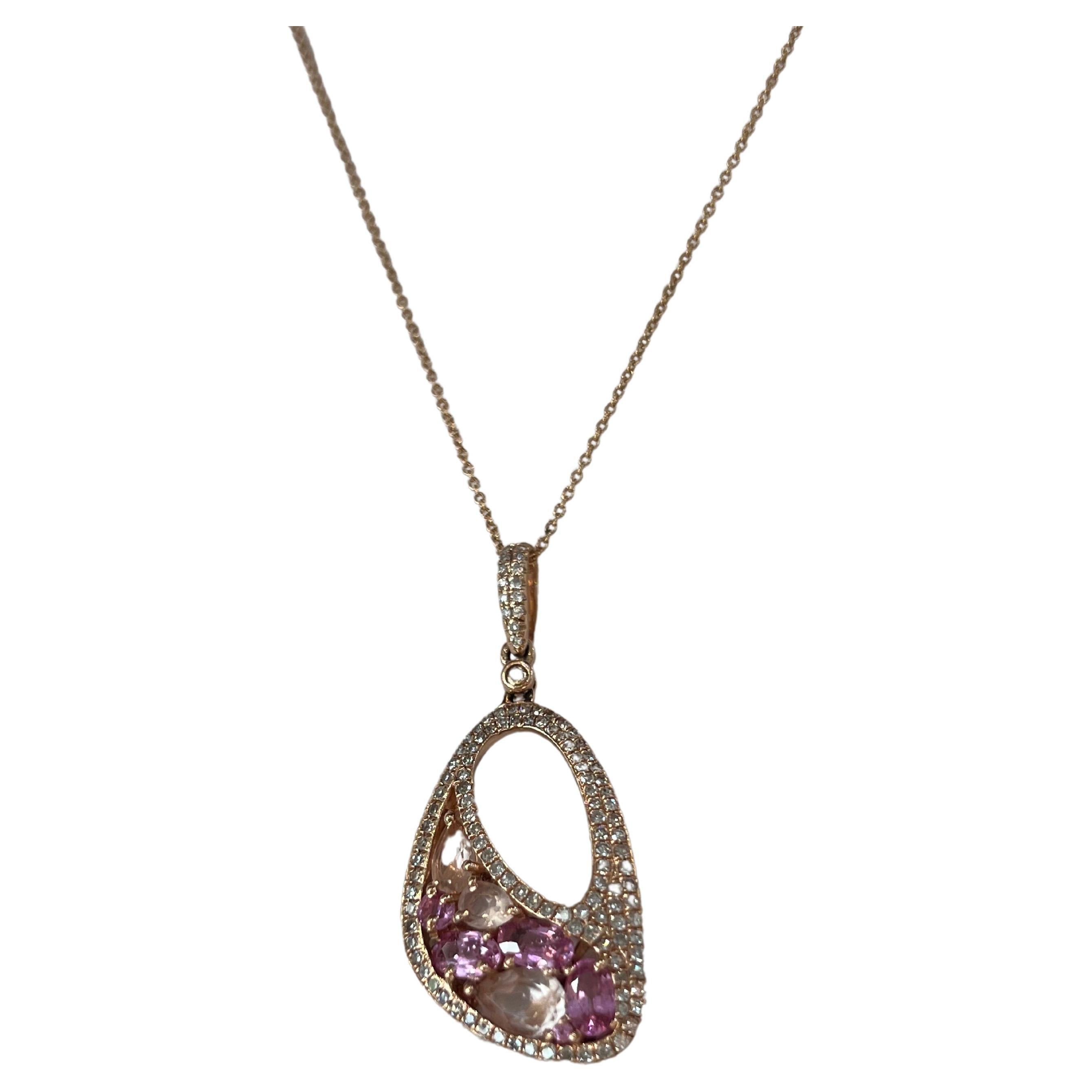 Pink Sapphire, Rose Quartz and Diamond Pendant Necklace For Sale