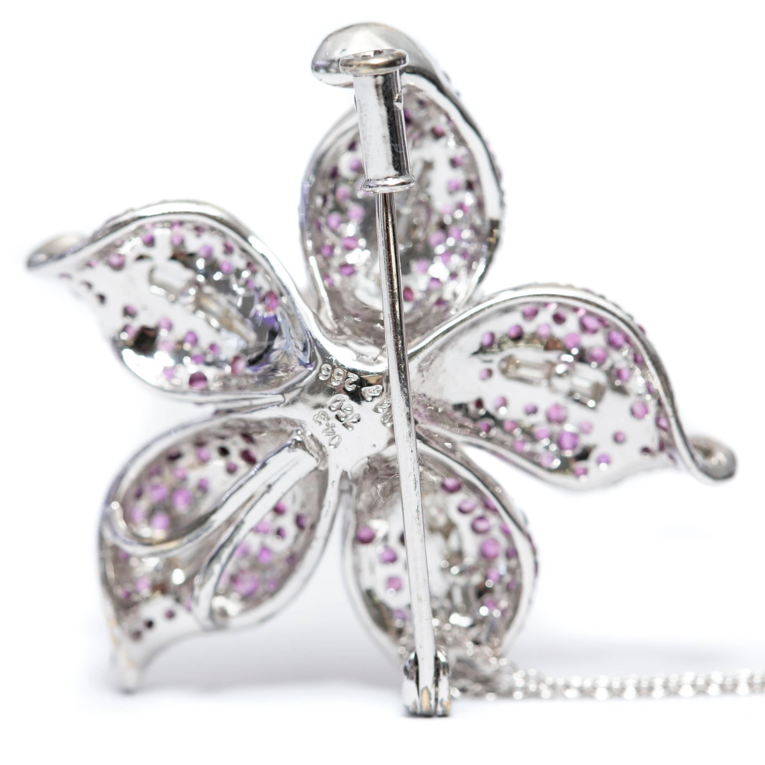 Pink Sapphire Round Diamond 3.00 Carat Bespoke 18KT White Gold Pendant Brooch For Sale 4