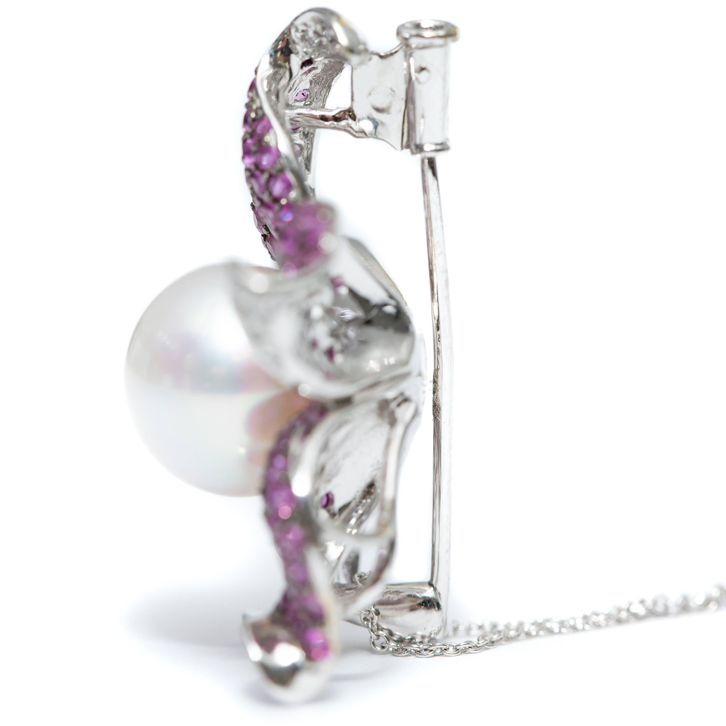 Pink Sapphire Round Diamond 3.00 Carat Bespoke 18KT White Gold Pendant Brooch For Sale 5