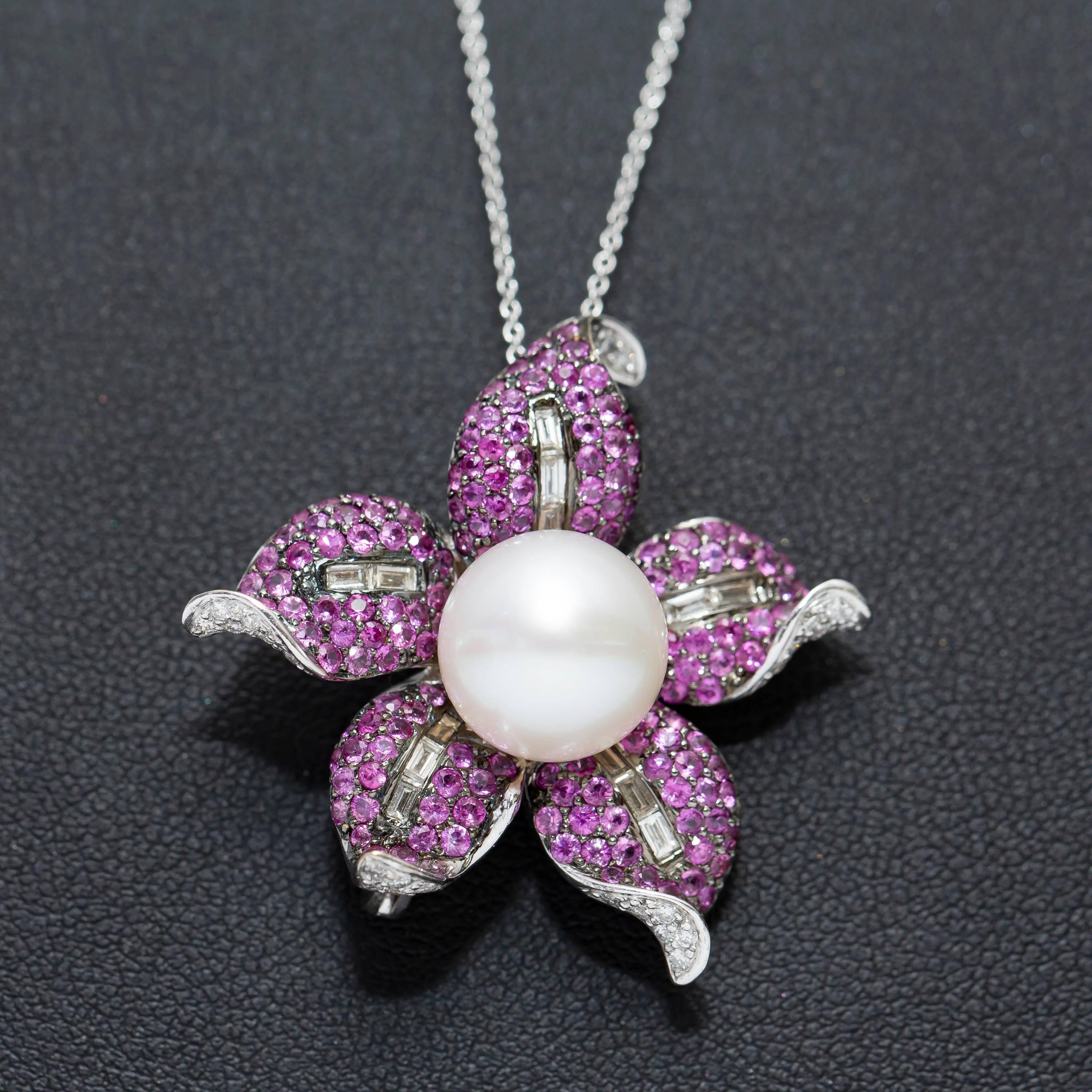 Pink Sapphire Round Diamond 3.00 Carat Bespoke 18KT White Gold Pendant Brooch For Sale 7