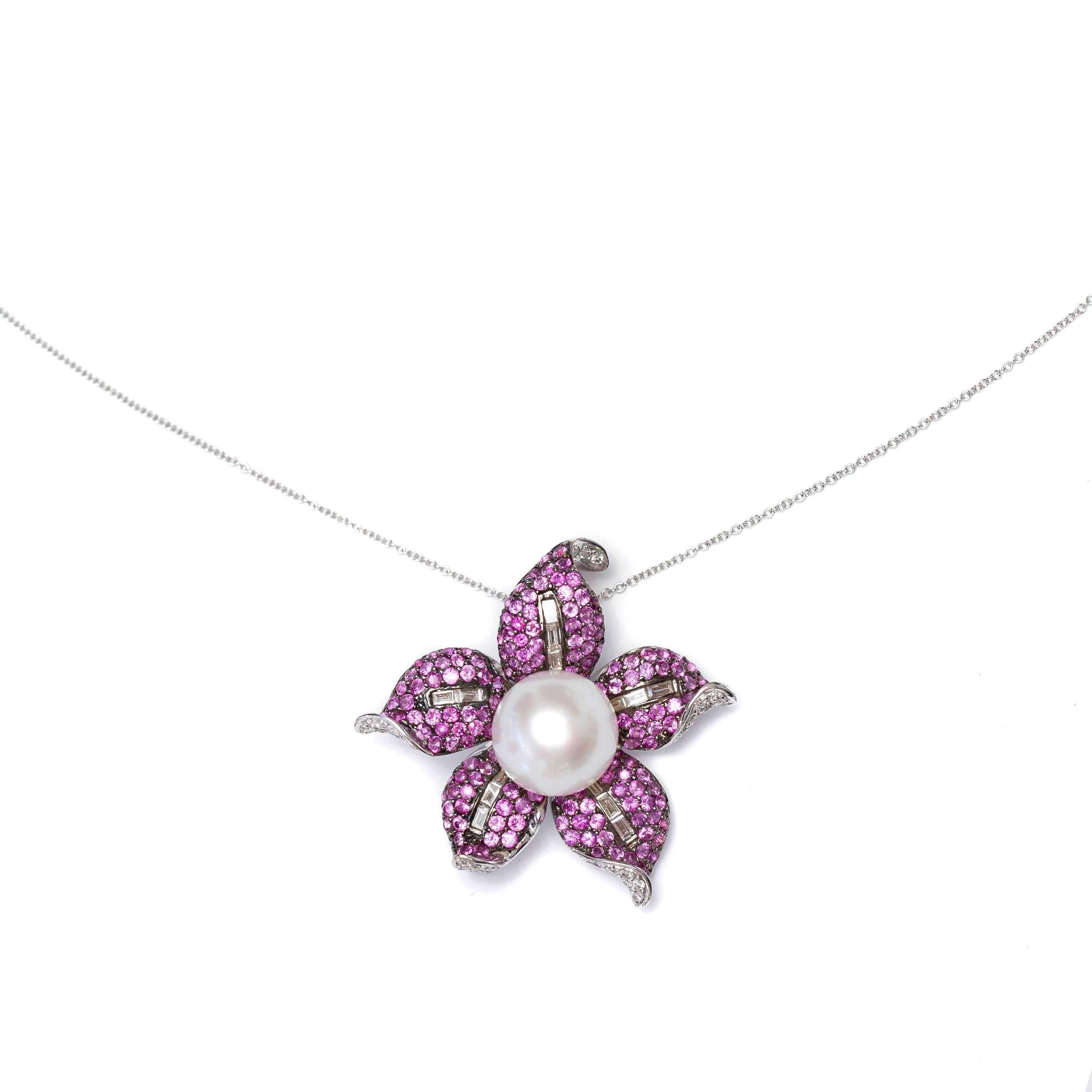 Modern Pink Sapphire Round Diamond 3.00 Carat Bespoke 18KT White Gold Pendant Brooch For Sale