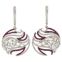 Pink Sapphire Round Earrings with Baguette Diamonds Made in 18k White Gold