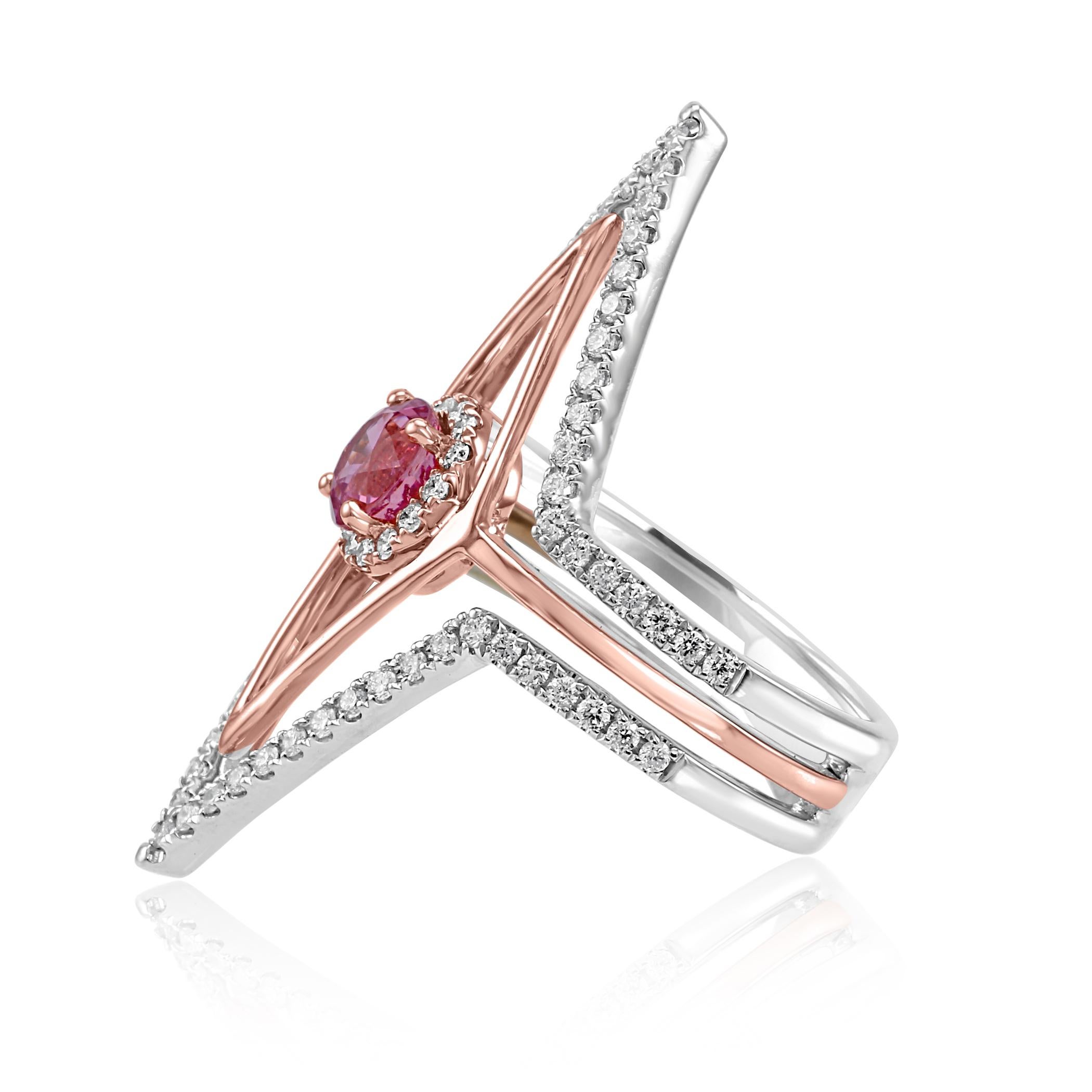 Contemporary Pink Sapphire Round White Diamond Halo Two Color Gold Cocktail Fashion Ring