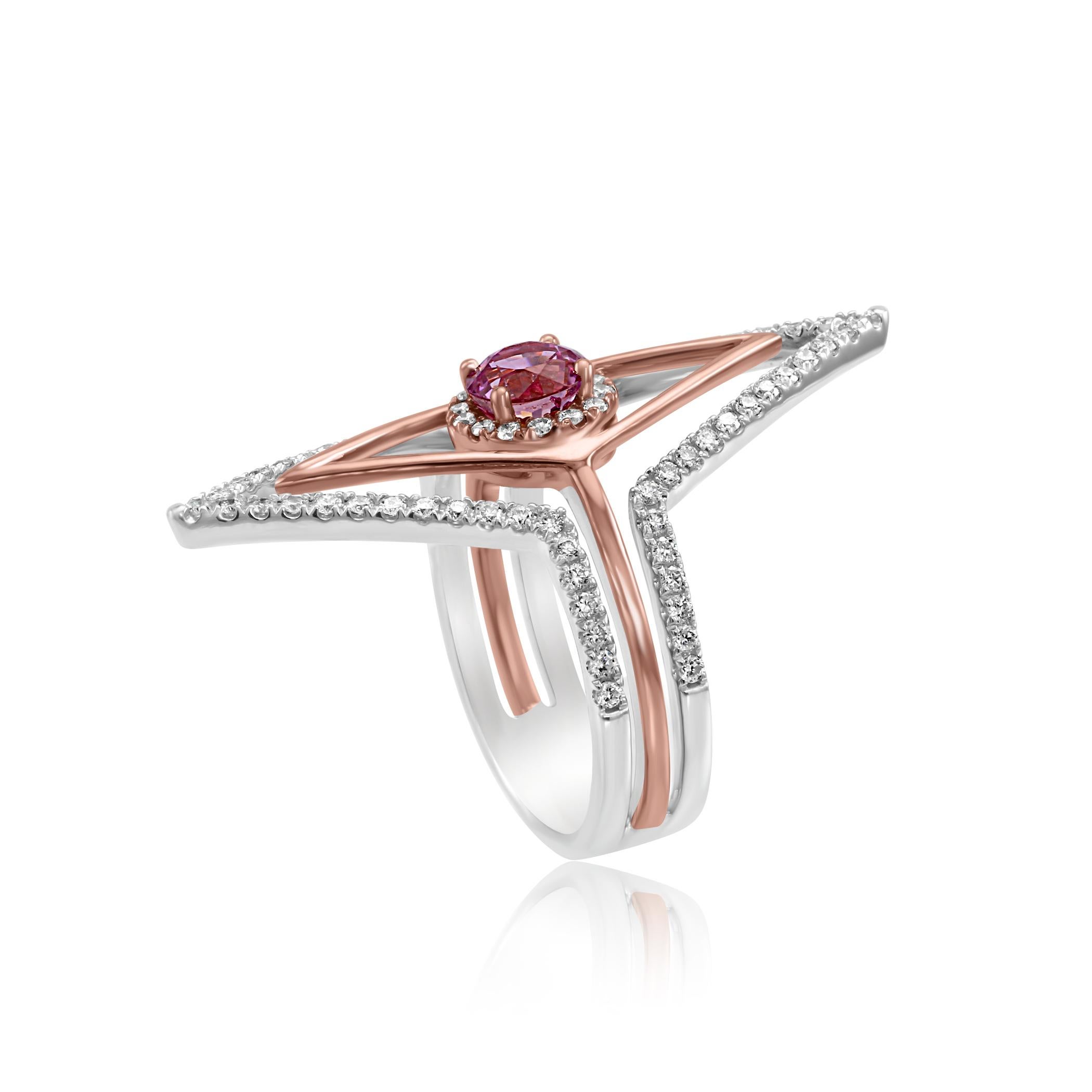 Pink Sapphire Round White Diamond Halo Two Color Gold Cocktail Fashion Ring In New Condition In NEW YORK, NY