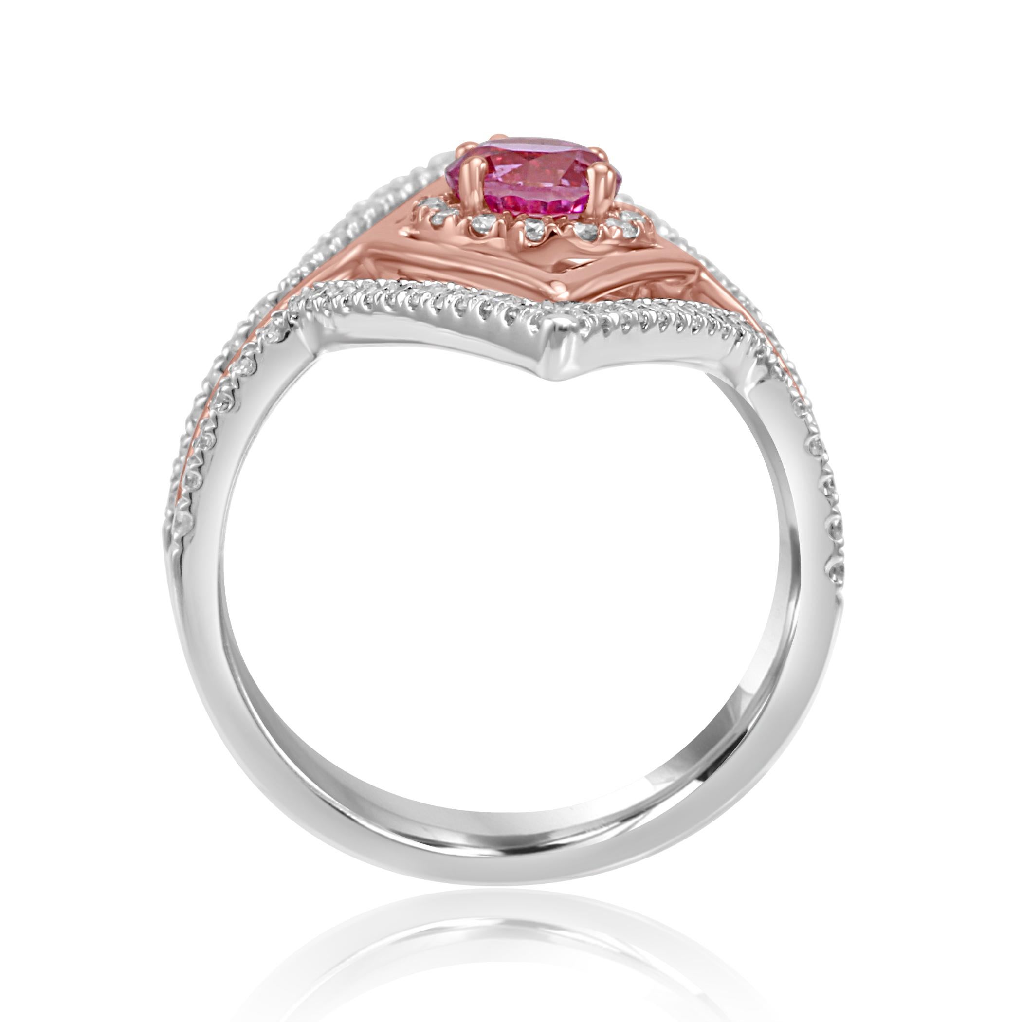 Women's or Men's Pink Sapphire Round White Diamond Halo Two Color Gold Cocktail Fashion Ring