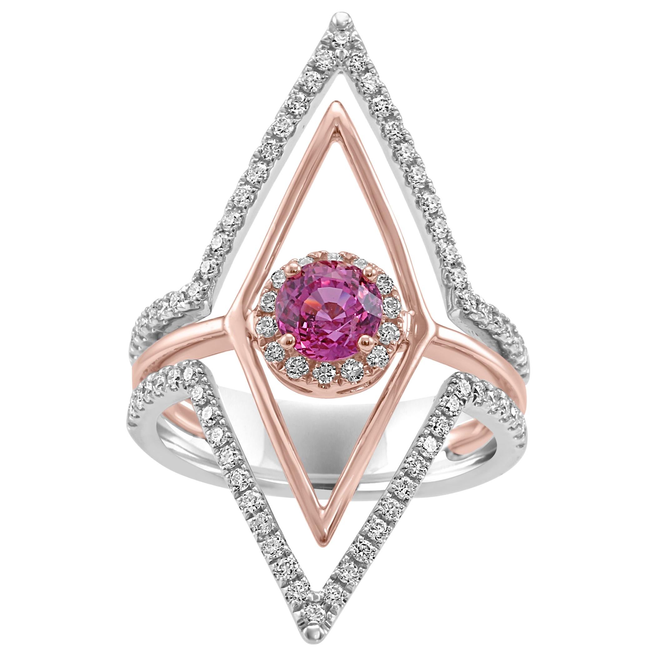 Pink Sapphire Round White Diamond Halo Two Color Gold Cocktail Fashion Ring