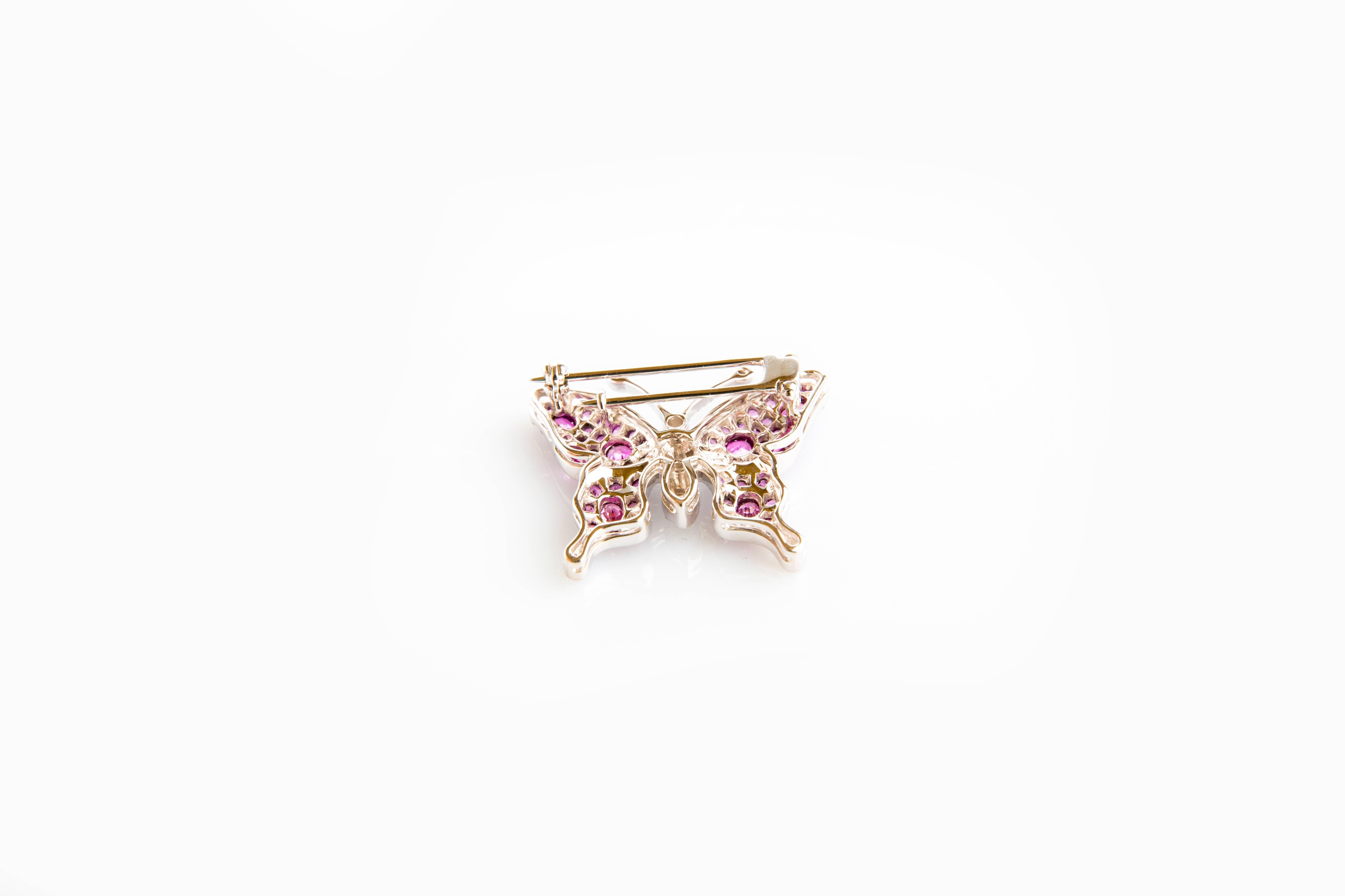 Round Cut Pink Sapphire, Rubelite and Diamond in White Gold Butterfly Brooch For Sale
