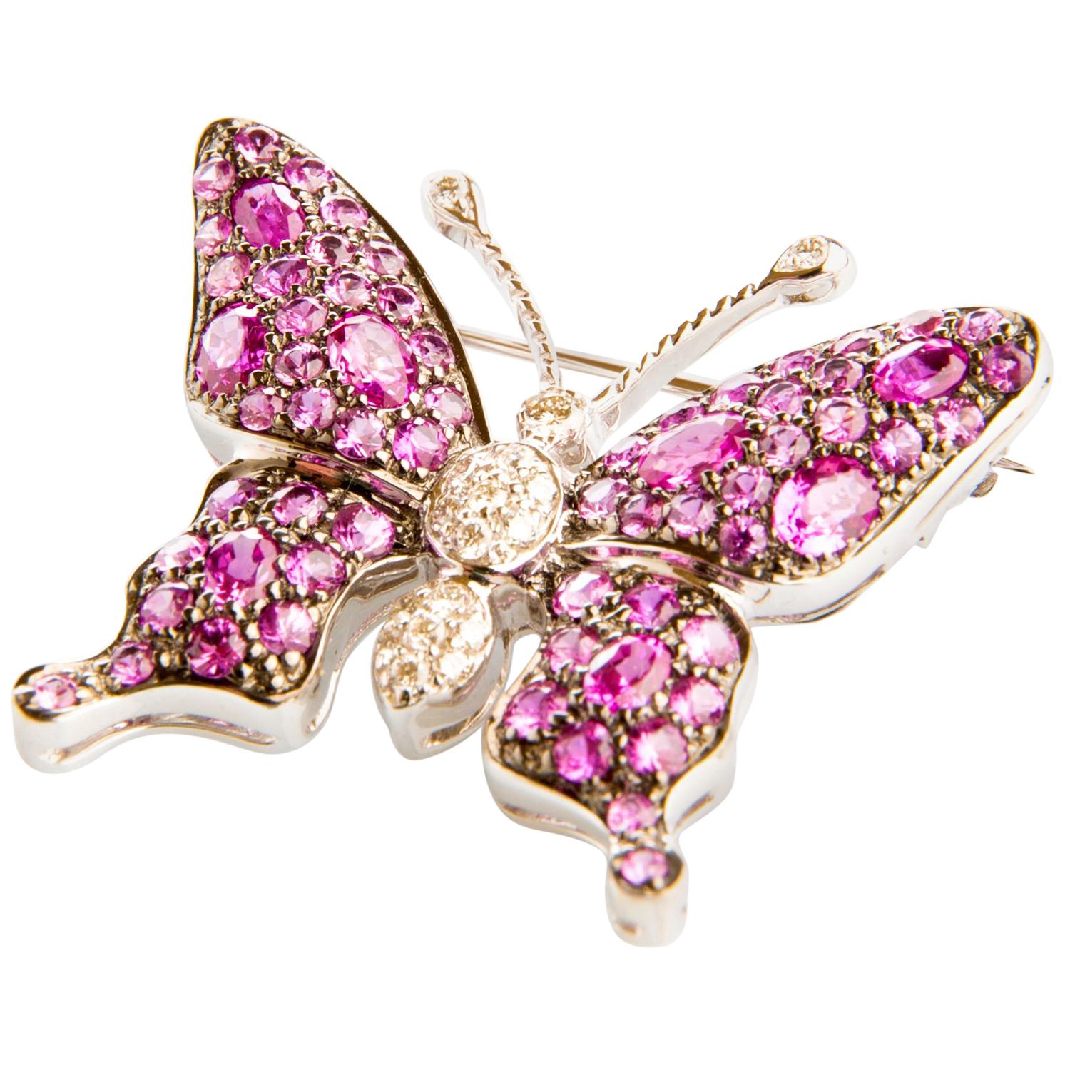 Pink Sapphire, Rubelite and Diamond in White Gold Butterfly Brooch For Sale