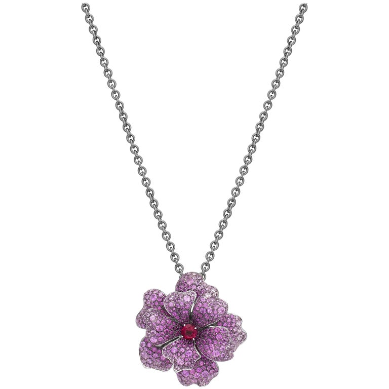 Pink Sapphire, Ruby and Rubellite Flower Necklace For Sale at 1stdibs