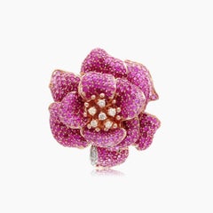 Pink Sapphire Ruby & Diamond Lilly Flower 18K Rose Gold Floral Design Ring