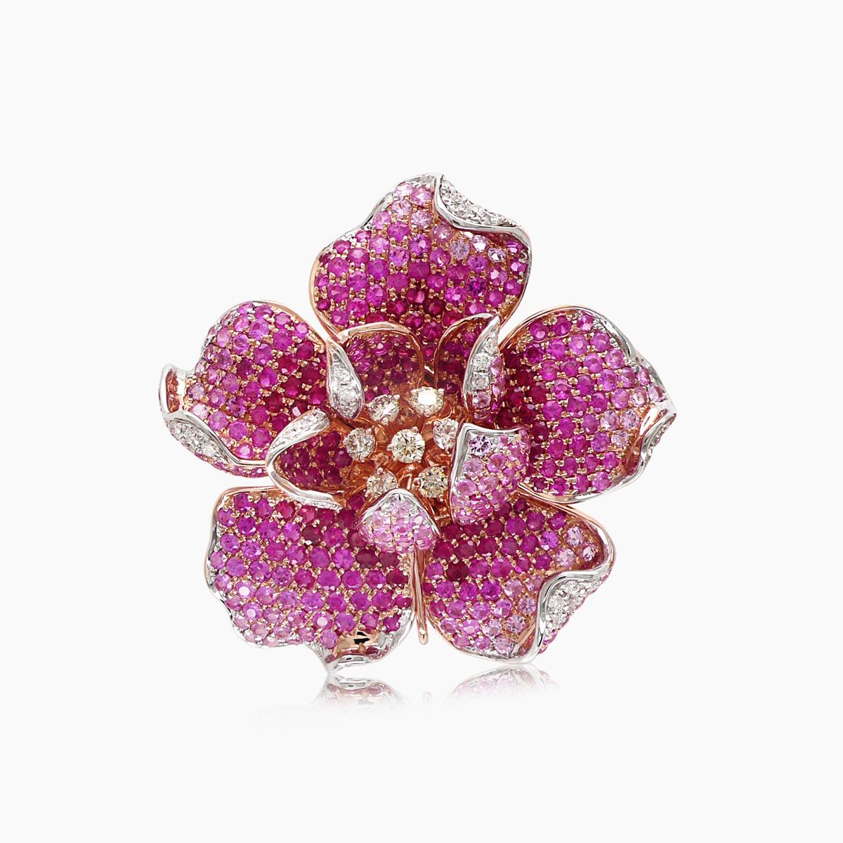 Pink Sapphire Ruby & Diamond Lilly Flower 18K Rose Gold Floral Design Ring im Zustand „Neu“ im Angebot in Oakton, VA