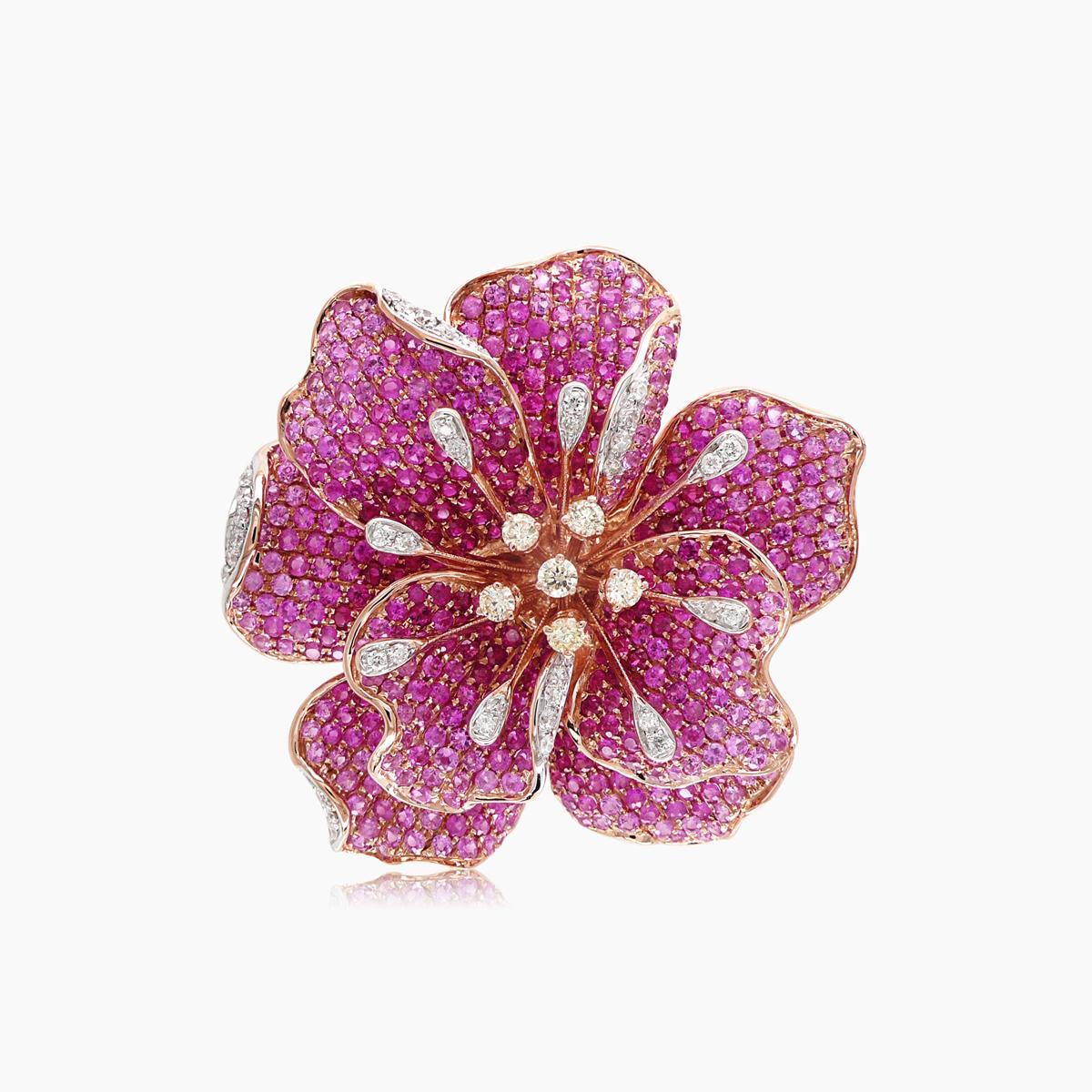 Pink Sapphire Ruby & Diamond Lilly Flower 18K Rose Gold Floral Design Ring In New Condition For Sale In Oakton, VA