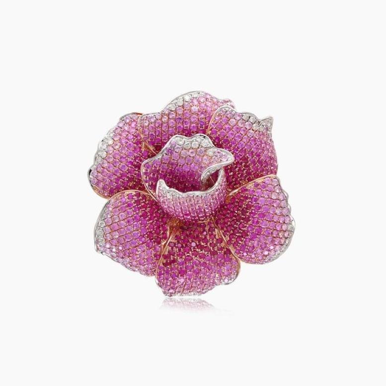 Pink Sapphire Ruby & Diamond Lilly Flower 18K Rose Gold Floral Design Ring In New Condition For Sale In Oakton, VA