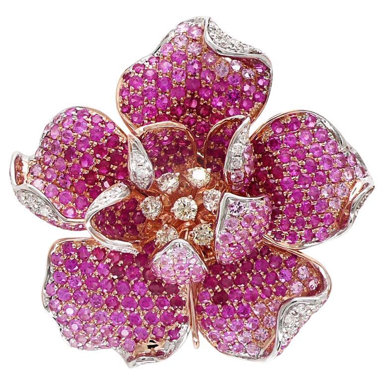 Pink Sapphire Ruby & Diamond Lilly Flower 18K Rose Gold Floral Design Ring