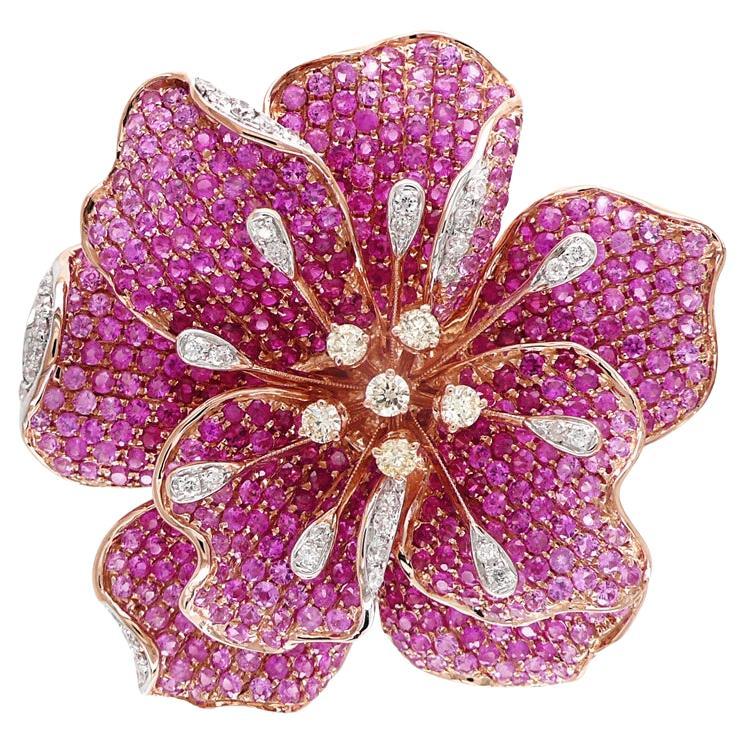 Pink Sapphire Ruby & Diamond Lilly Flower 18K Rose Gold Floral Design Ring
