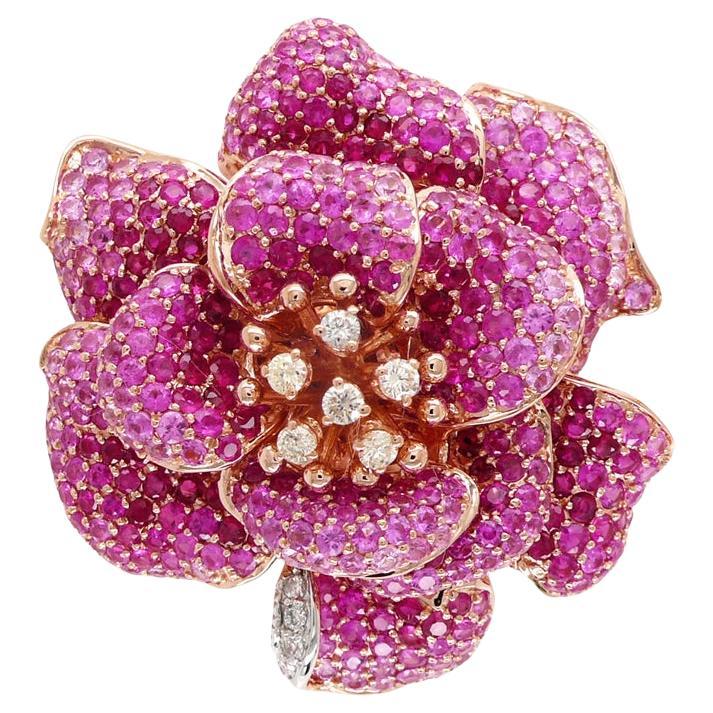 Pink Sapphire Ruby & Diamond Lilly Flower 18K Rose Gold Floral Design Ring
