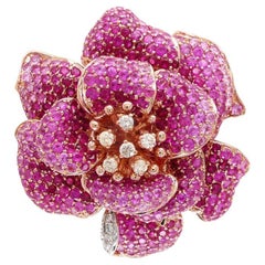 Pink Sapphire Ruby & Diamond Lilly Flower 18K Rose Gold Floral Design Ring