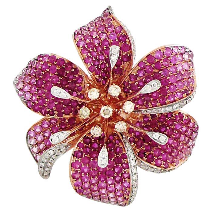 Pink Sapphire Ruby & Diamond Lilly Flower 18K Rose Gold Ring