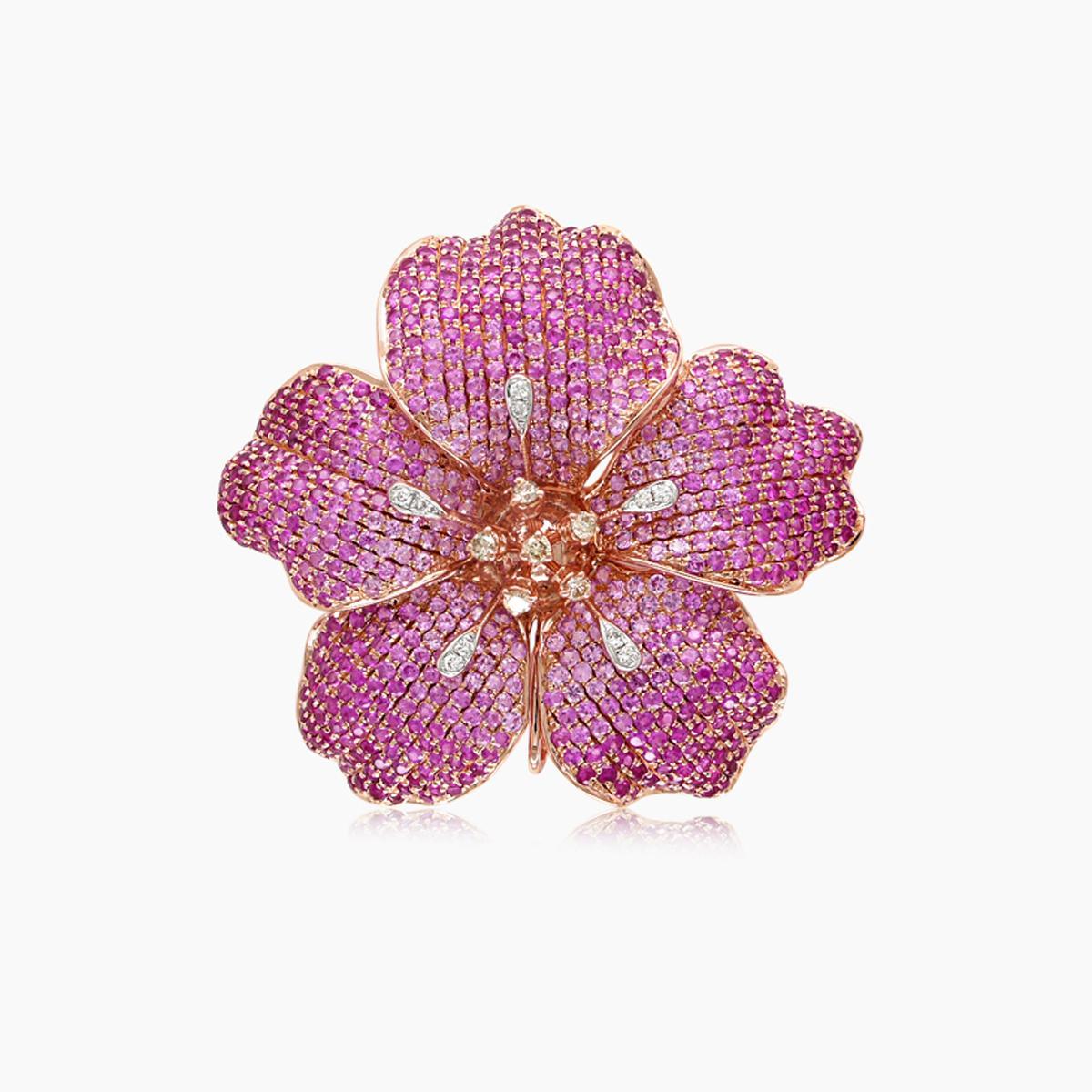 Pink Sapphire Ruby & Diamond Lilly Flower Flower 18K Rose Gold Design Ring (Gemischter Schliff) im Angebot