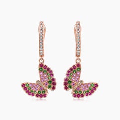 Pink Sapphire & Ruby Diamonds Butterfly Sweet 18K Rose Gold Clip Earrings