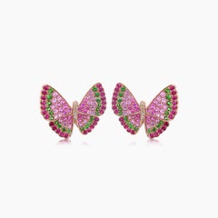 Pink Sapphire & Ruby Diamonds Butterfly Sweet 18K Rose Gold Clip Earrings