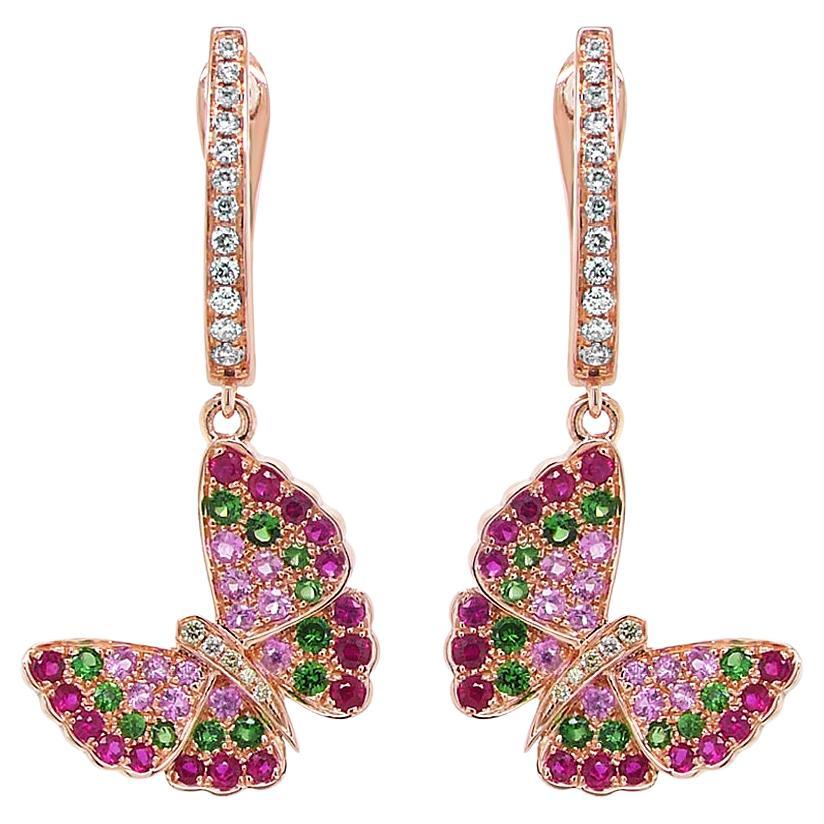 Pink Sapphire & Ruby Diamonds Butterfly Sweet 18K Rose Gold Clip Ohrringe im Angebot